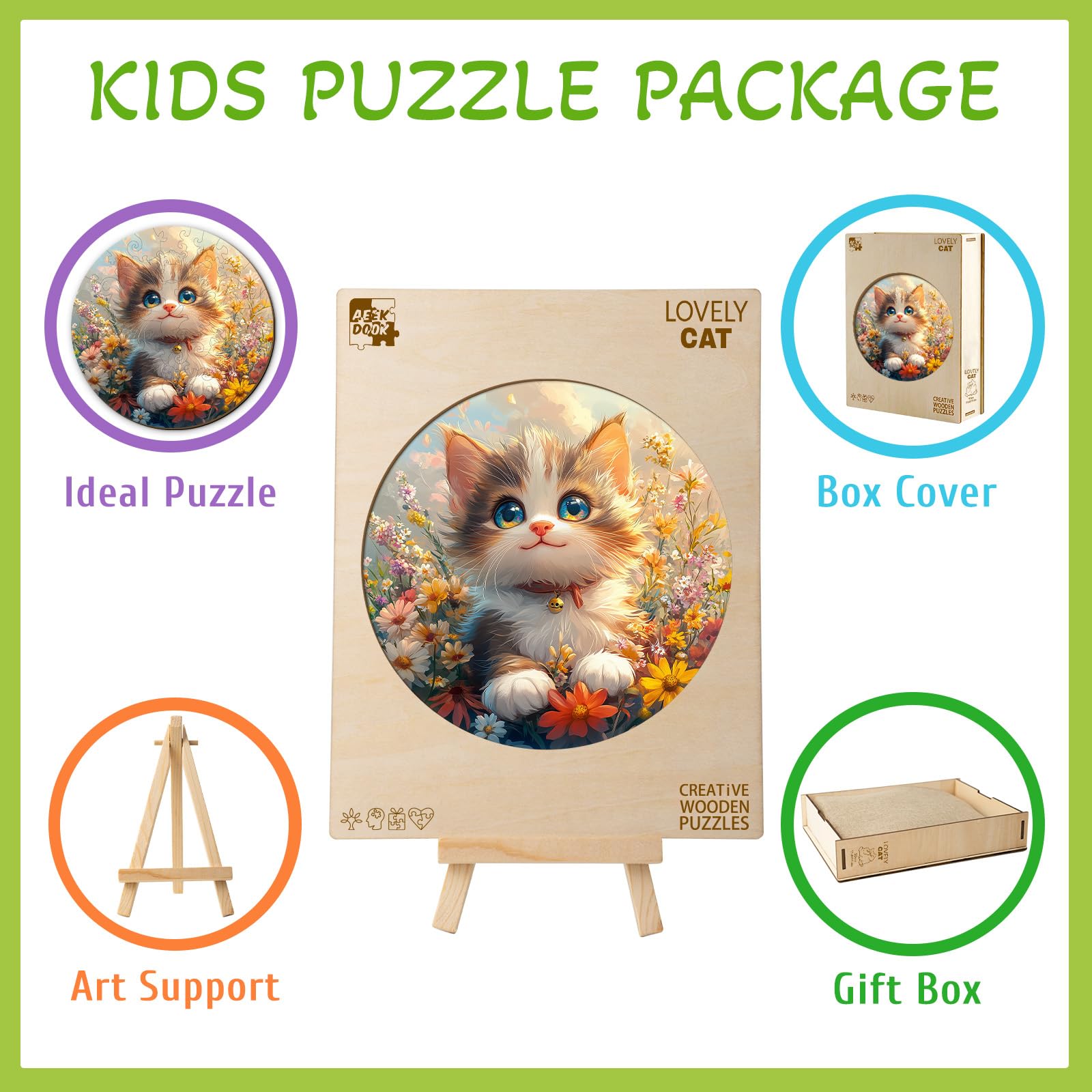Lovely Cat 50 Piece Kids Wood Puzzle Kitten Gift - Aeekdook