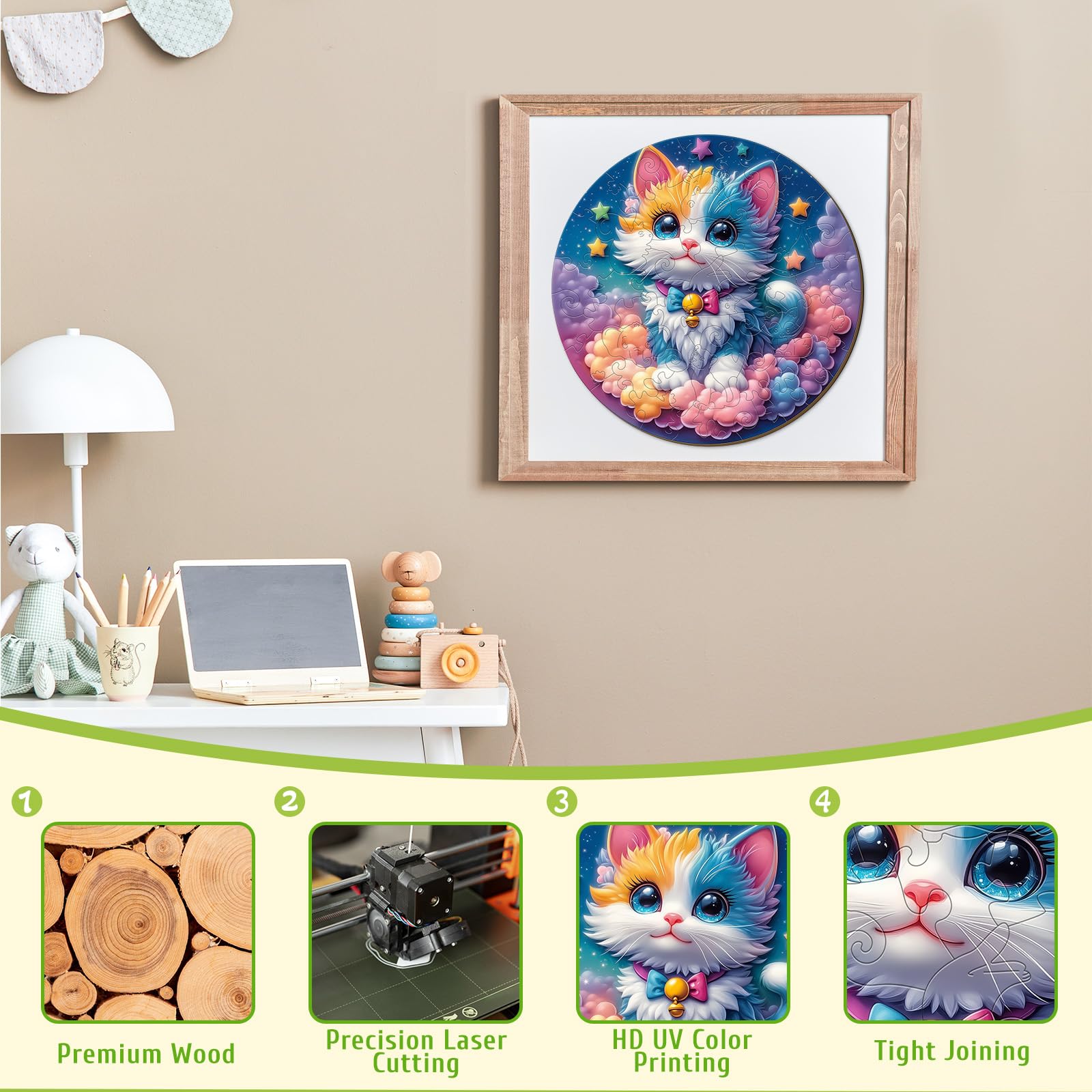 Celestial Kitten 50 Piece Wood Puzzle for Children - Aeekdook
