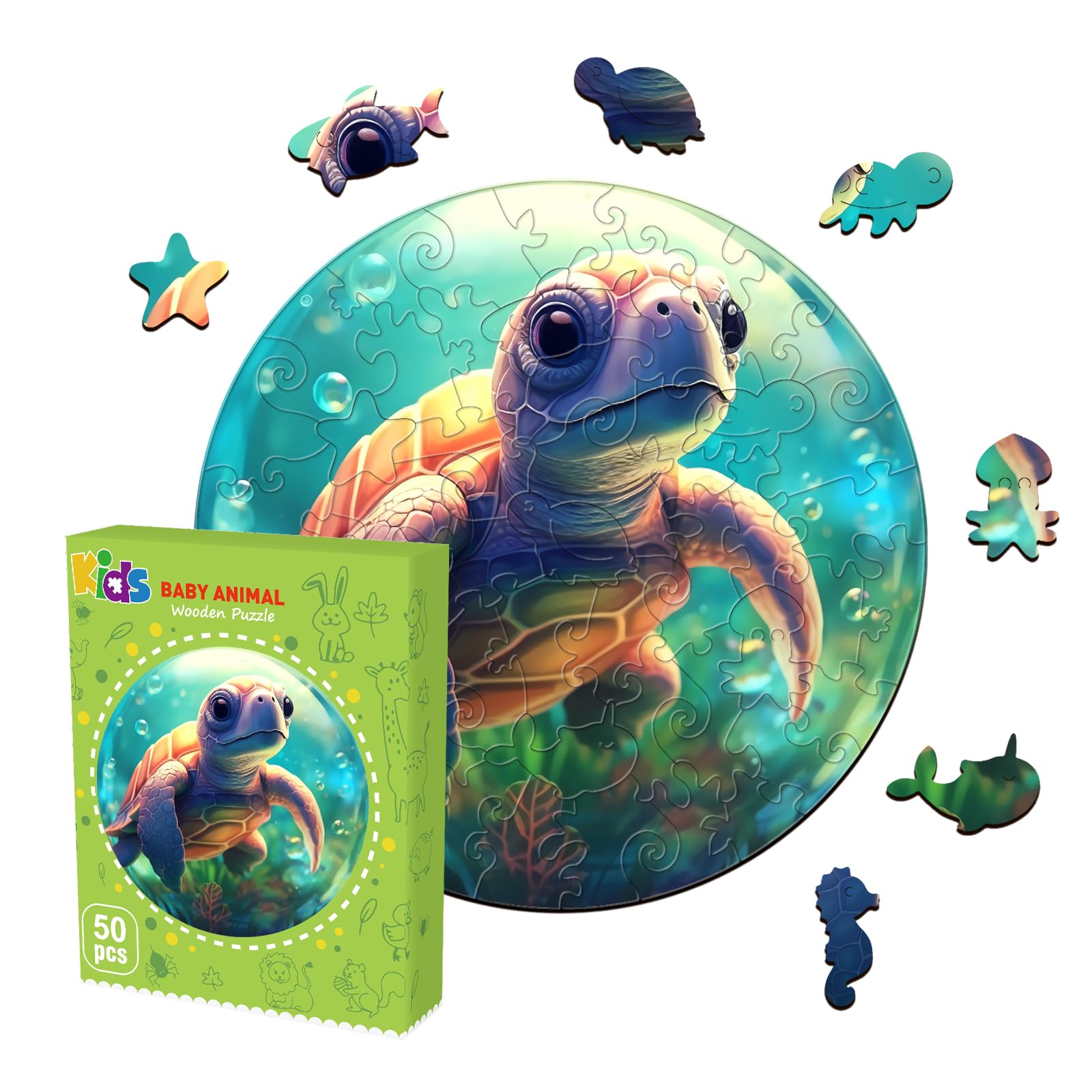 Baby Sea Turtle 50 Piece Wood Puzzle for Toddlers - Aeekdook