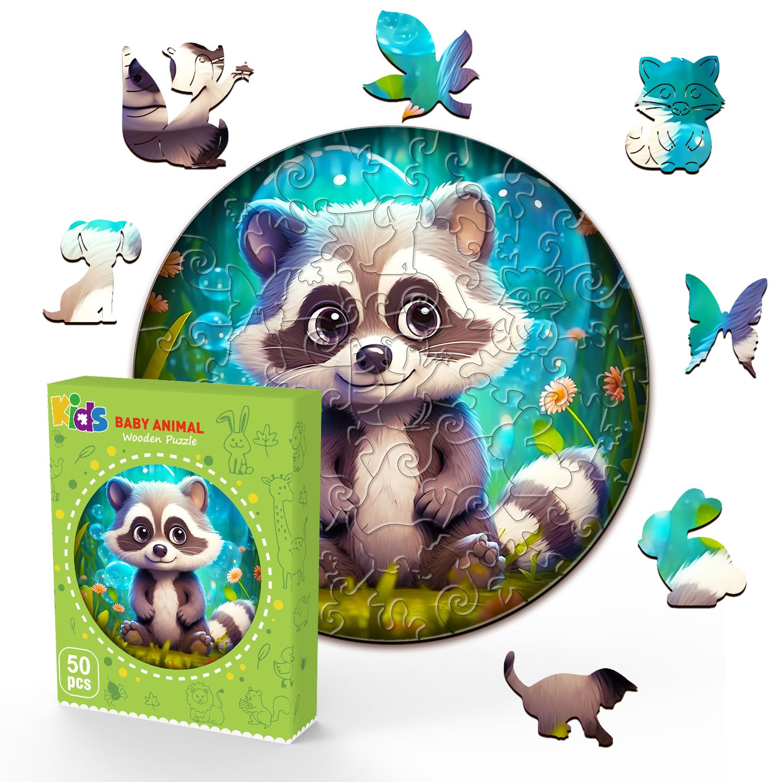 Cute Raccoon 50 Piece Wood Puzzle for Kids Ages 4-8 - Aeekdook