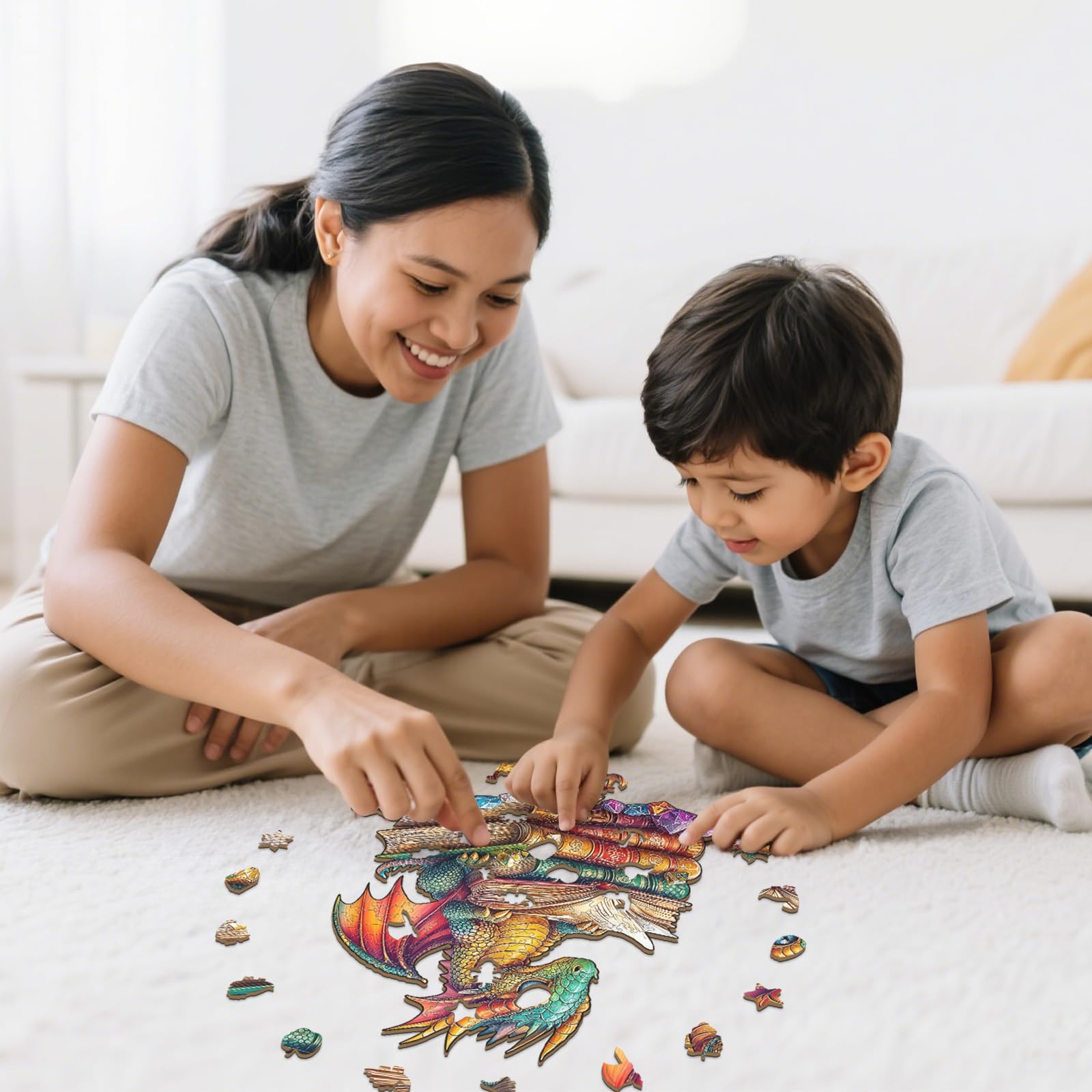 Reading Dragon Unique Shape Wood Puzzle Fantasy Gift - Aeekdook