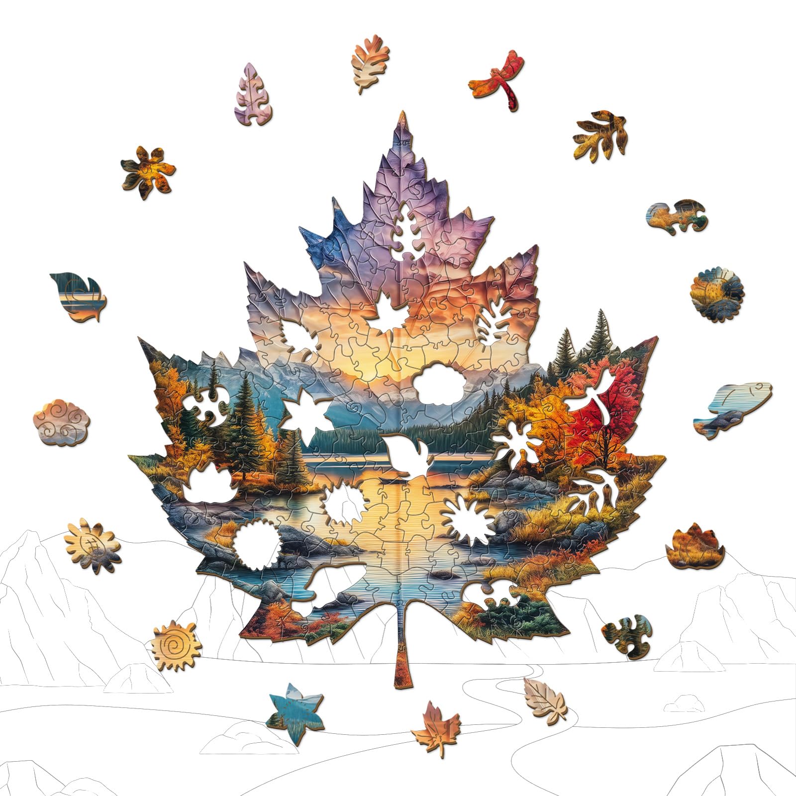 Sunset Maple Wood Puzzle Autumn Landscape Artwork - Aeekdook