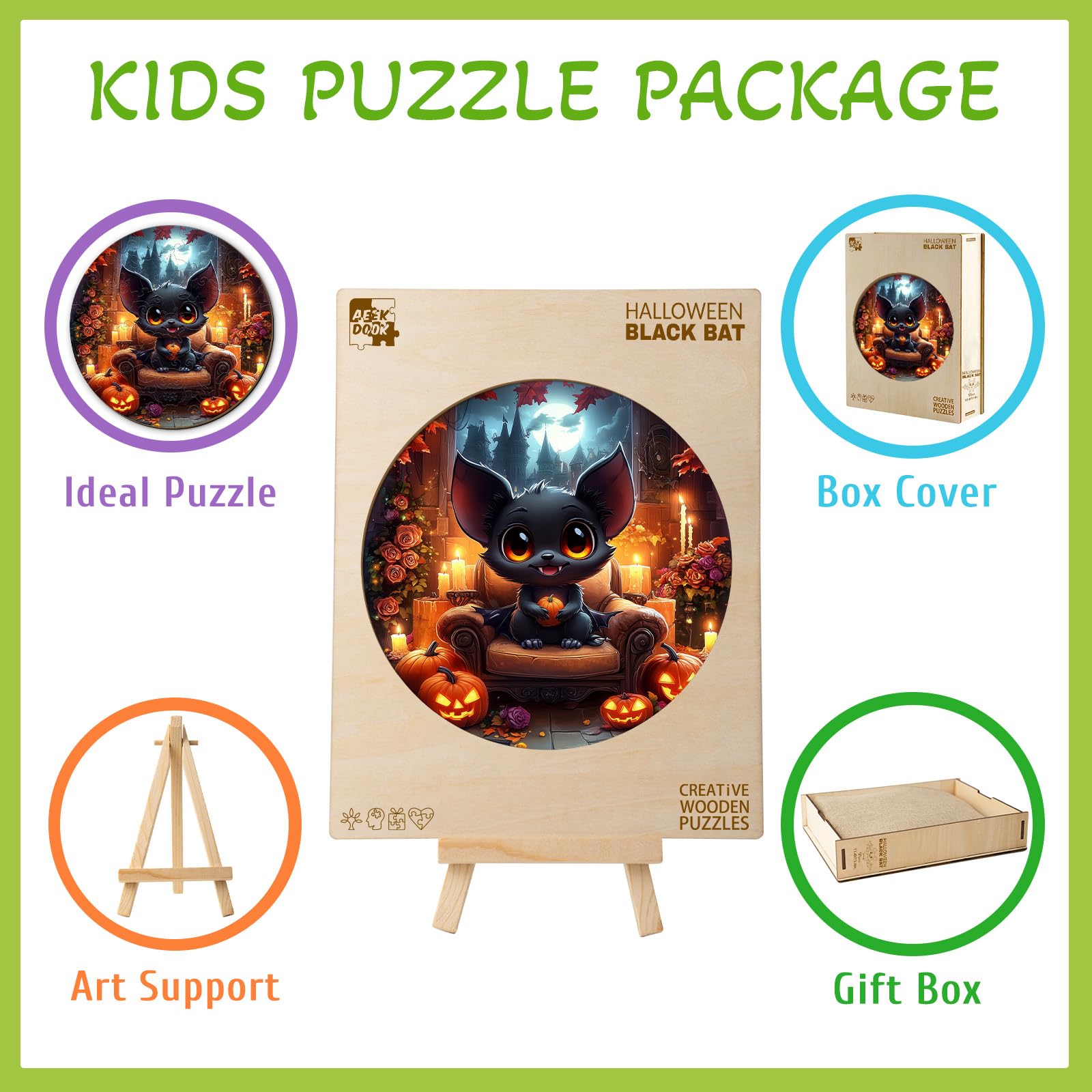 Halloween Black Bat 50 Piece Kids Wood Puzzle Gift - Aeekdook
