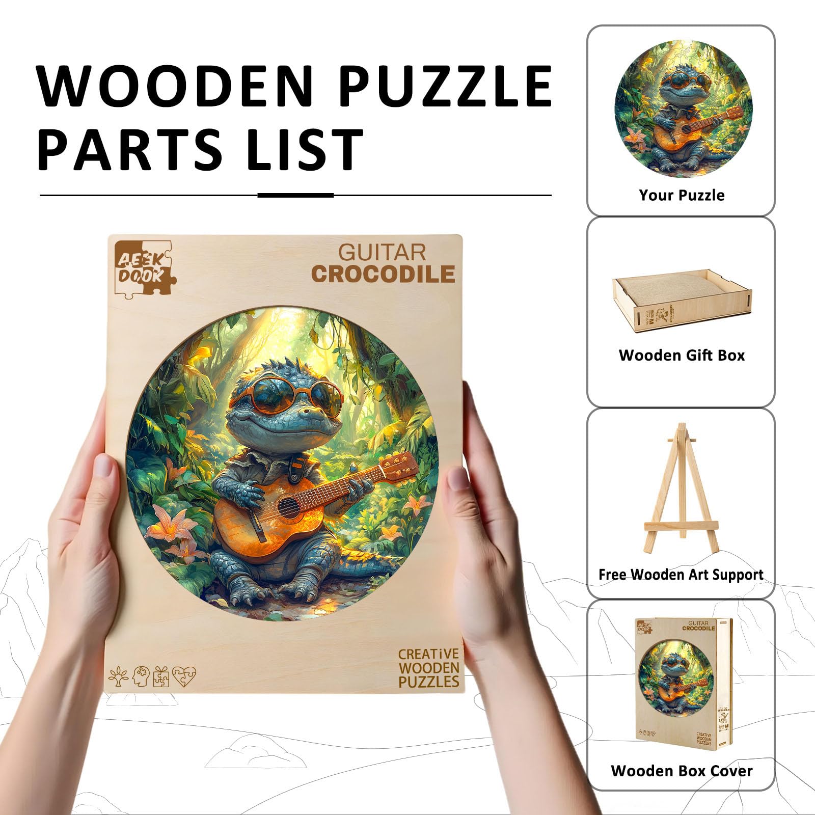 Guitar Crocodile Unique Shape Wood Puzzle Musician Gift - Aeekdook