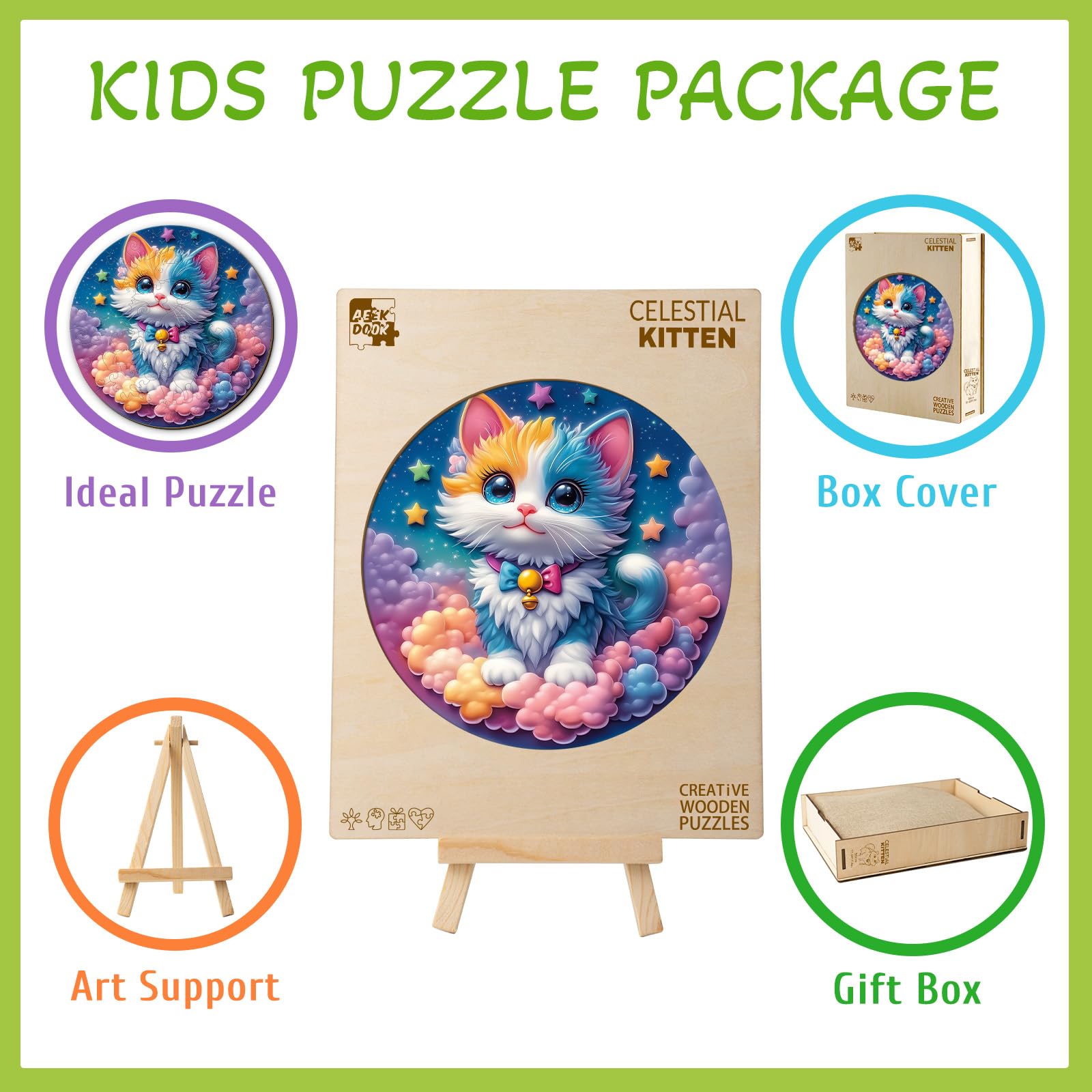 Celestial Kitten 50 Piece Wood Puzzle for Children - Aeekdook
