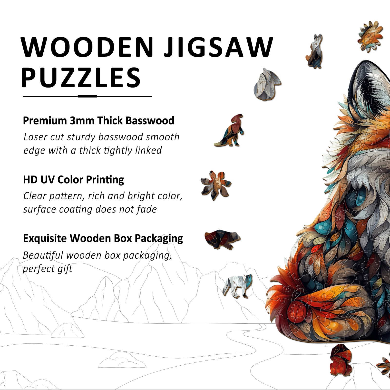 Artistic Fox Unique Shape Wood Puzzle Vibrant Animal - Aeekdook