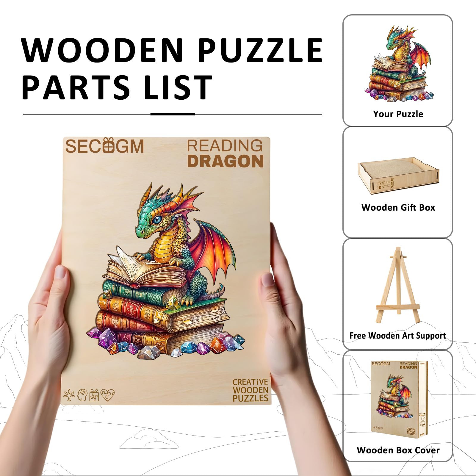 Reading Dragon Unique Shape Wood Puzzle Fantasy Gift - Aeekdook