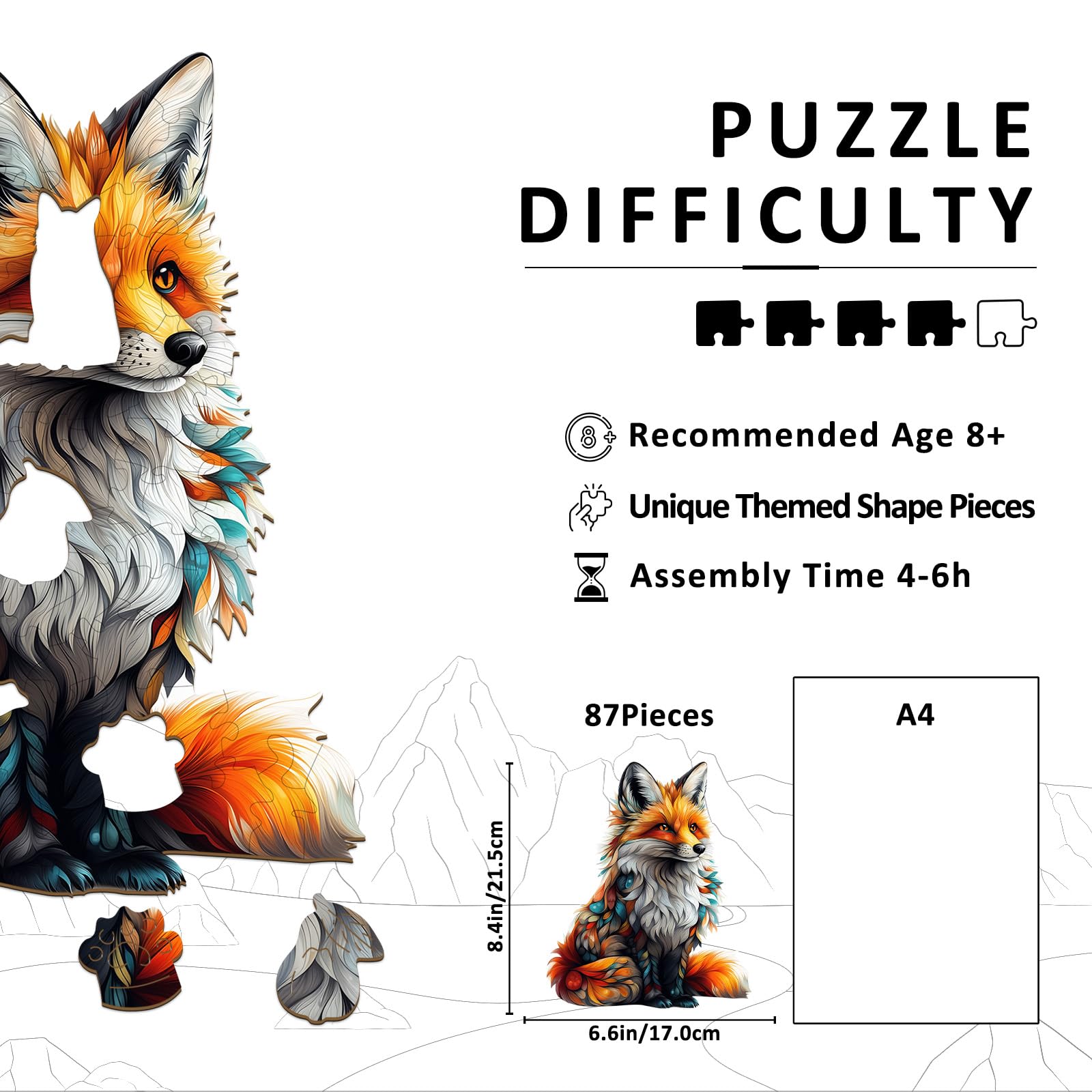 Artistic Fox Unique Shape Wood Puzzle Vibrant Animal - Aeekdook