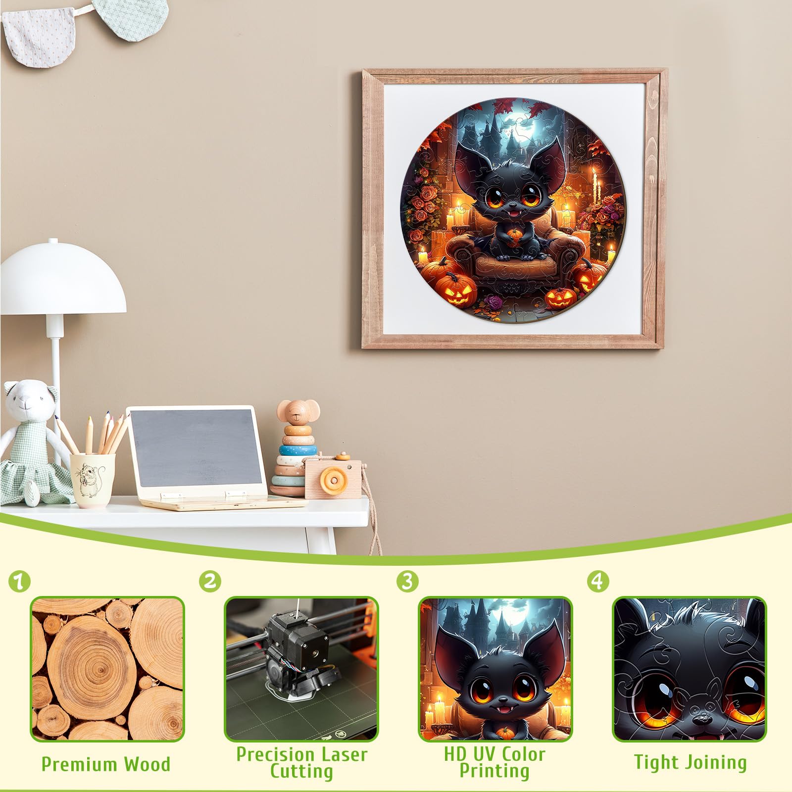Halloween Black Bat 50 Piece Kids Wood Puzzle Gift - Aeekdook