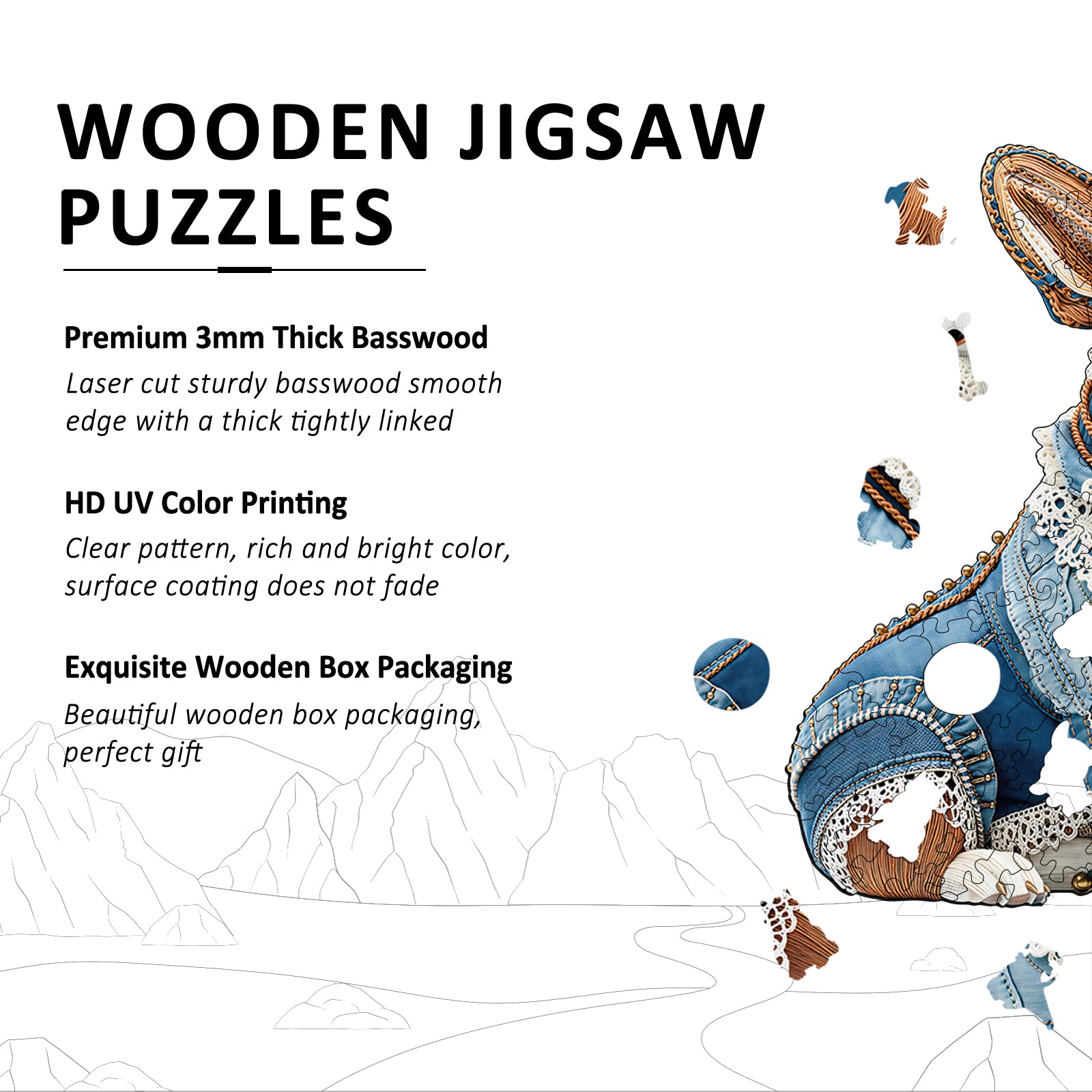 Denim Corgi Wooden Jigsaw Puzzles