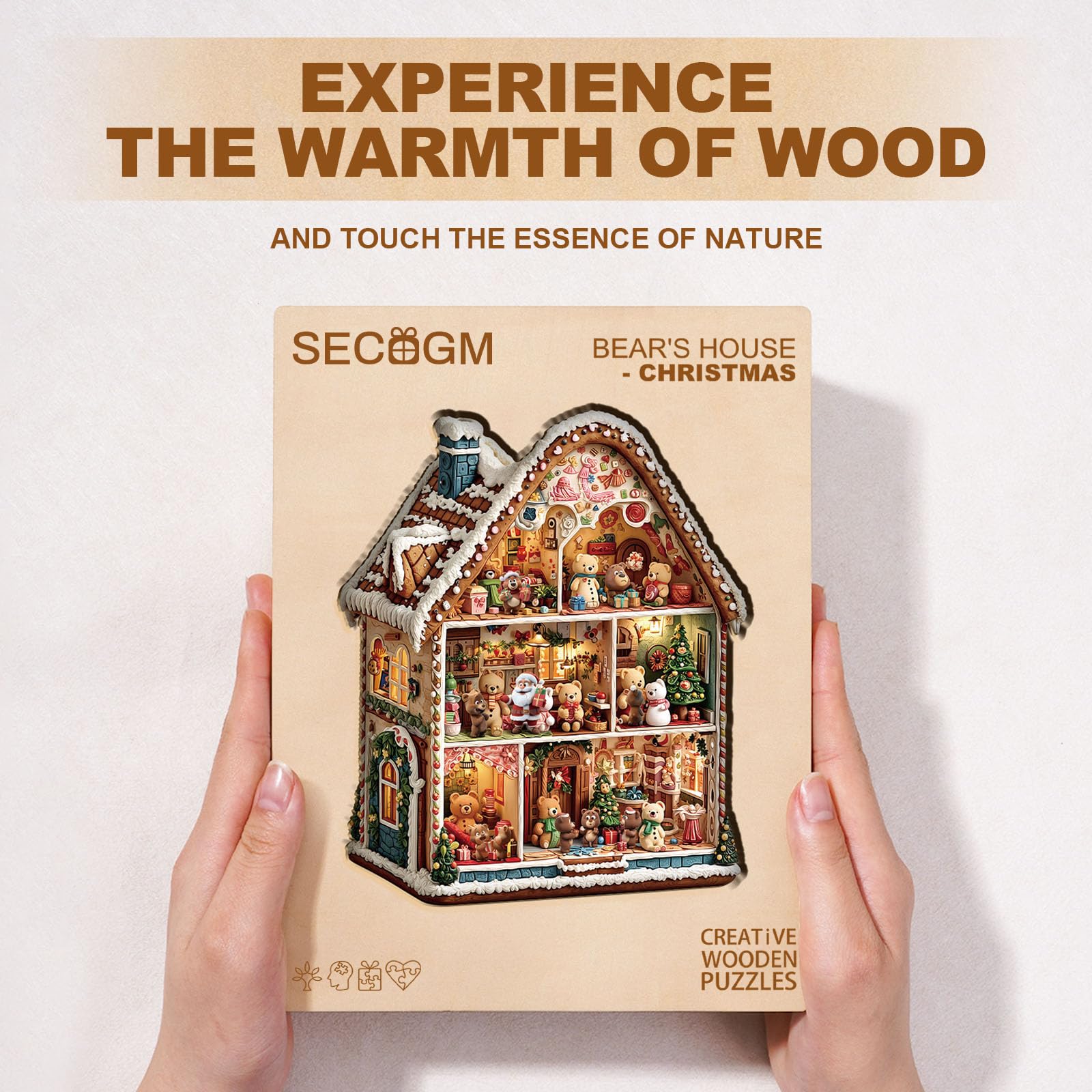 Christmas Bear's House Wood Puzzle Holiday Hut Decor - Aeekdook