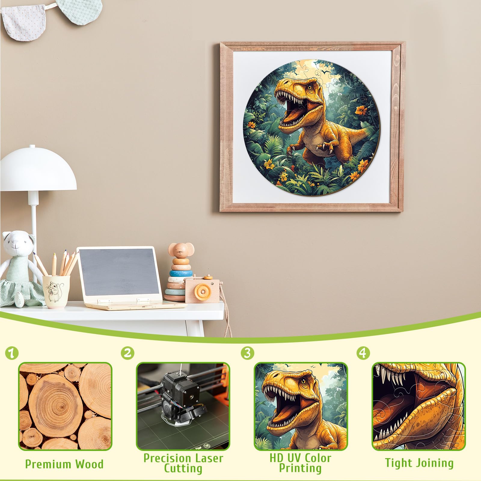 Dinosaur 50 Piece Kids Wood Puzzle T-Rex Theme - Aeekdook