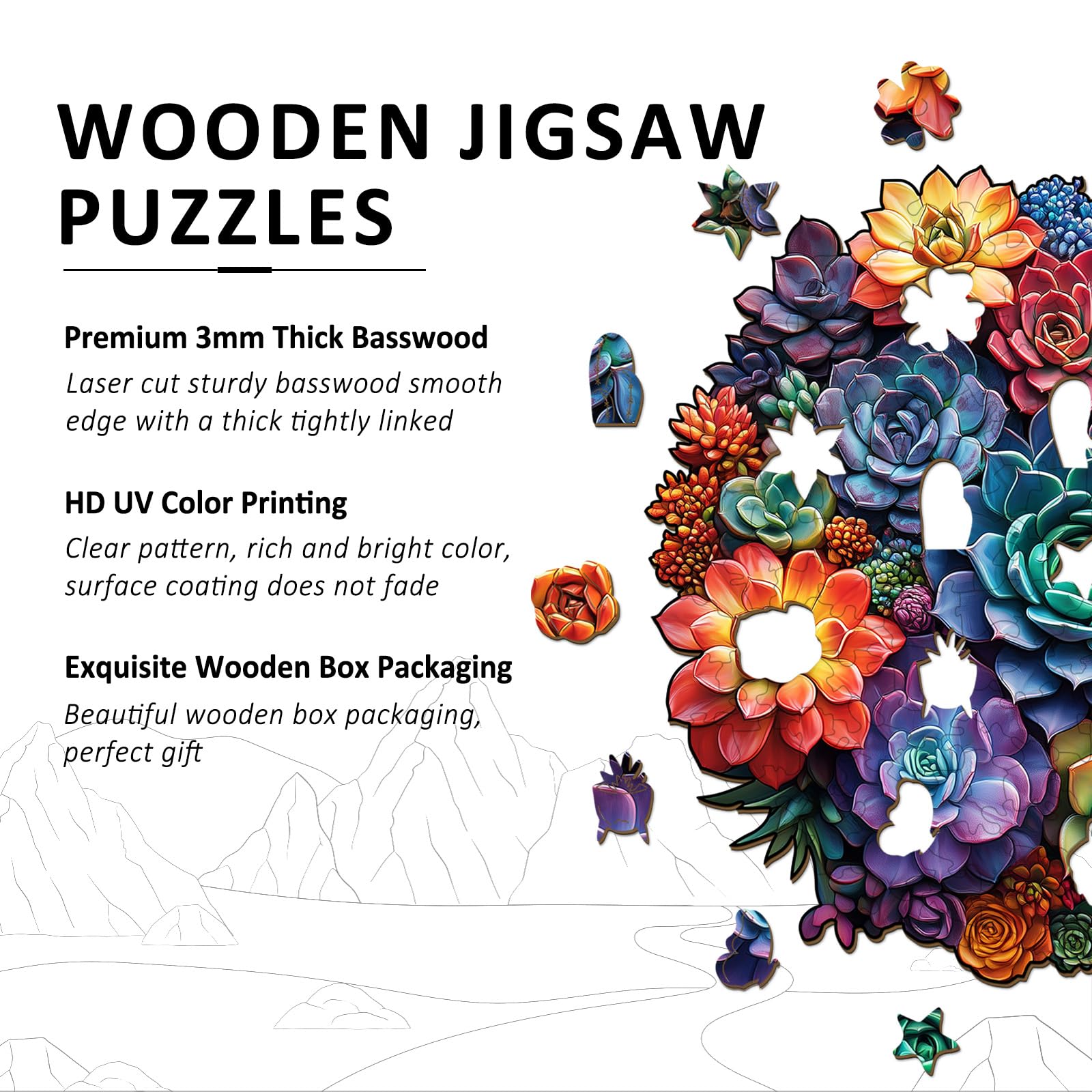 Mandala Succulent Unique Shape Wood Puzzle for Zen - Aeekdook