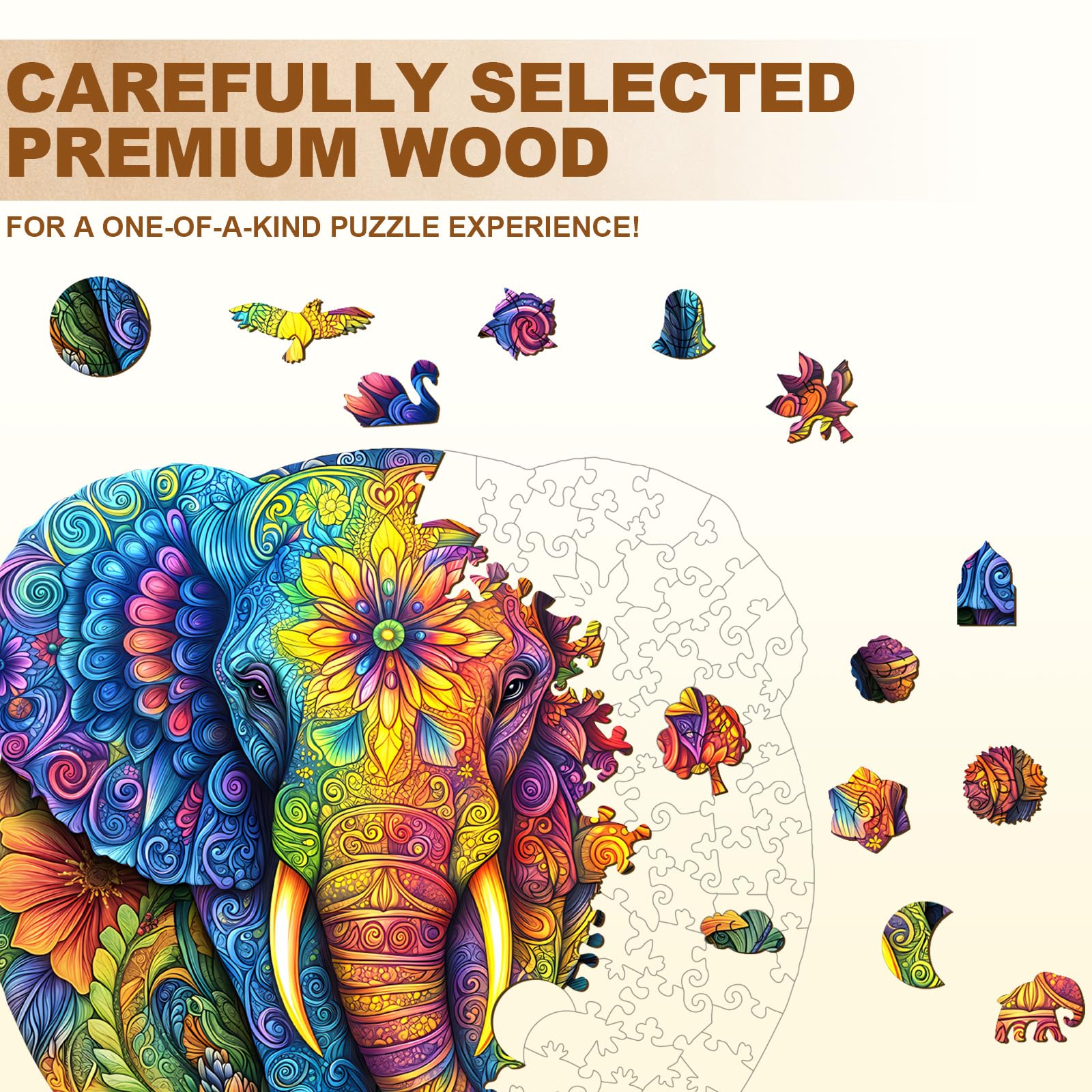Mandala Elephant Unique Shape Wood Puzzle Zen Art - Aeekdook