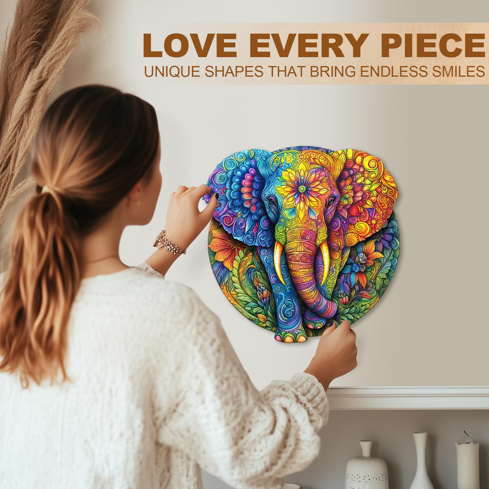Mandala Elephant Unique Shape Wood Puzzle Zen Art - Aeekdook
