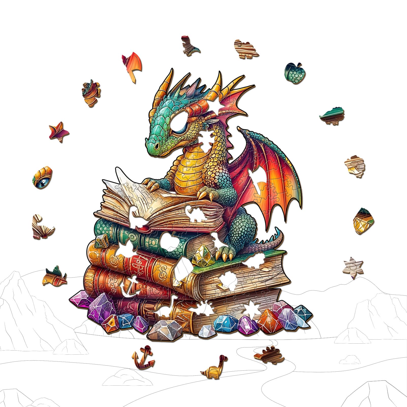 Reading Dragon Unique Shape Wood Puzzle Fantasy Gift - Aeekdook
