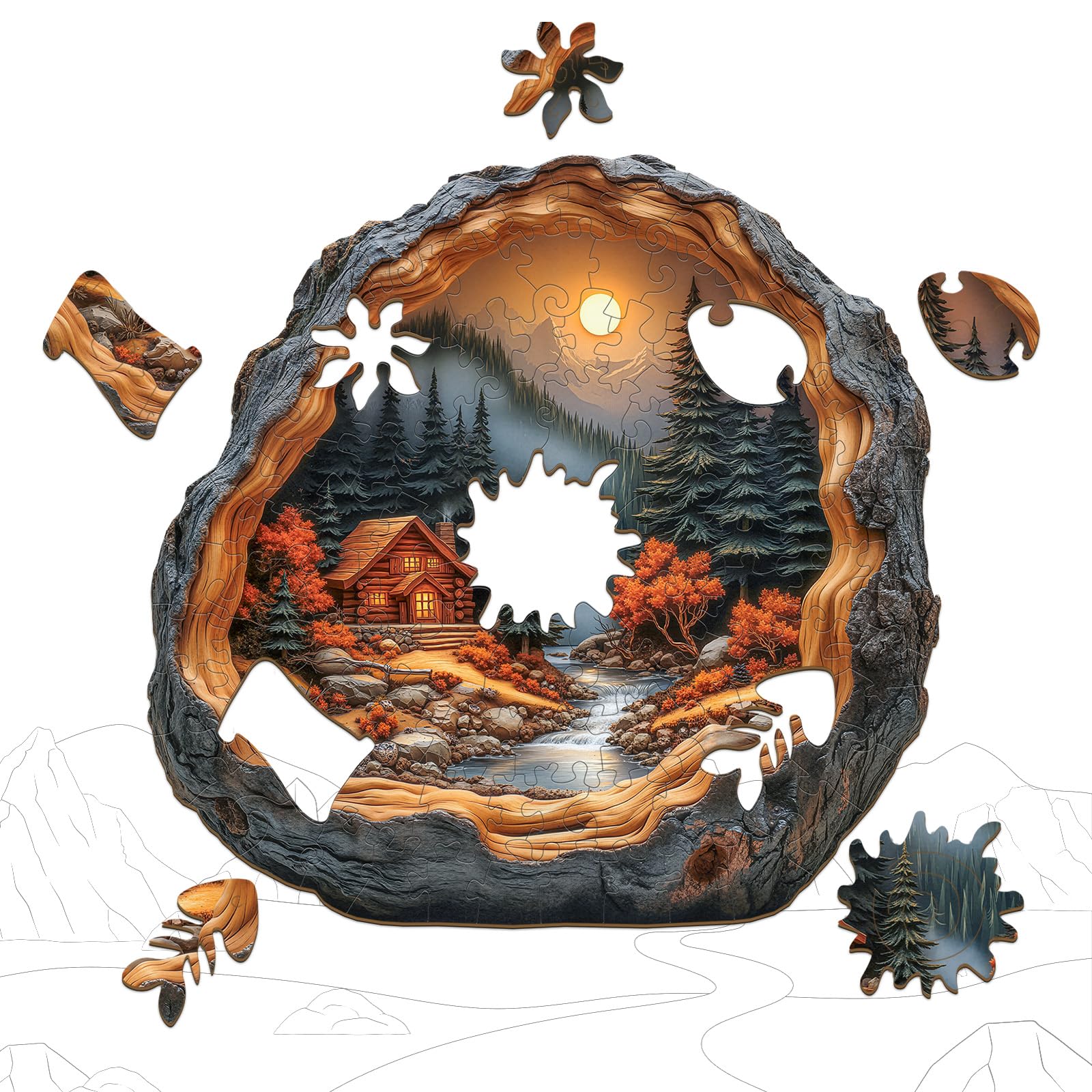 Forest Cabin Wood Puzzle Cozy Nature Escape Art - Aeekdook