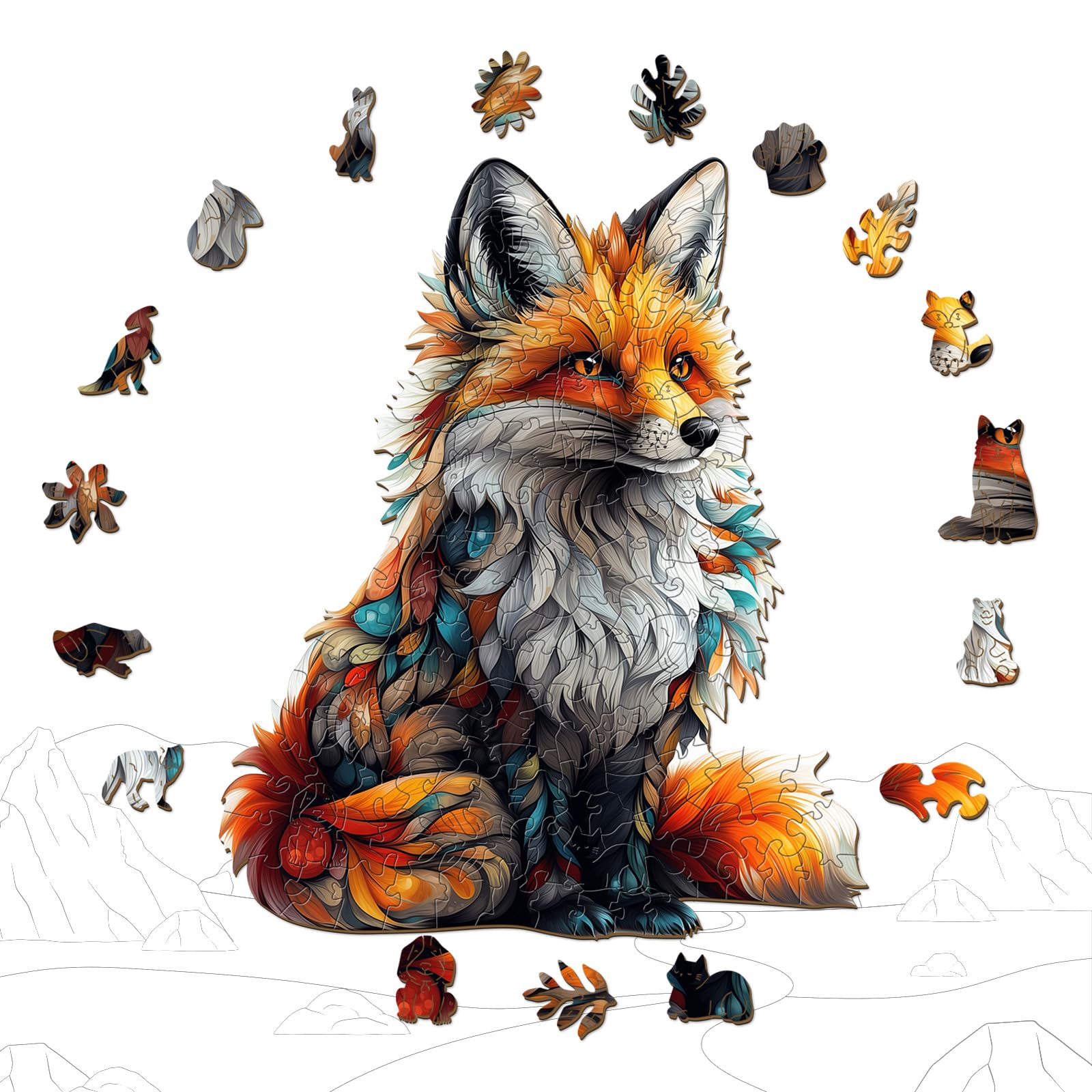 Artistic Fox Unique Shape Wood Puzzle Vibrant Animal - Aeekdook