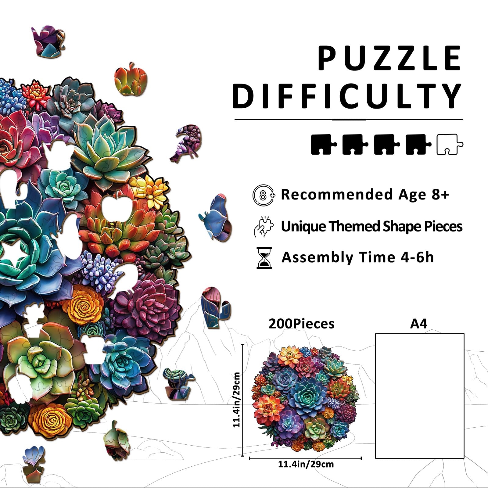 Mandala Succulent Unique Shape Wood Puzzle for Zen - Aeekdook