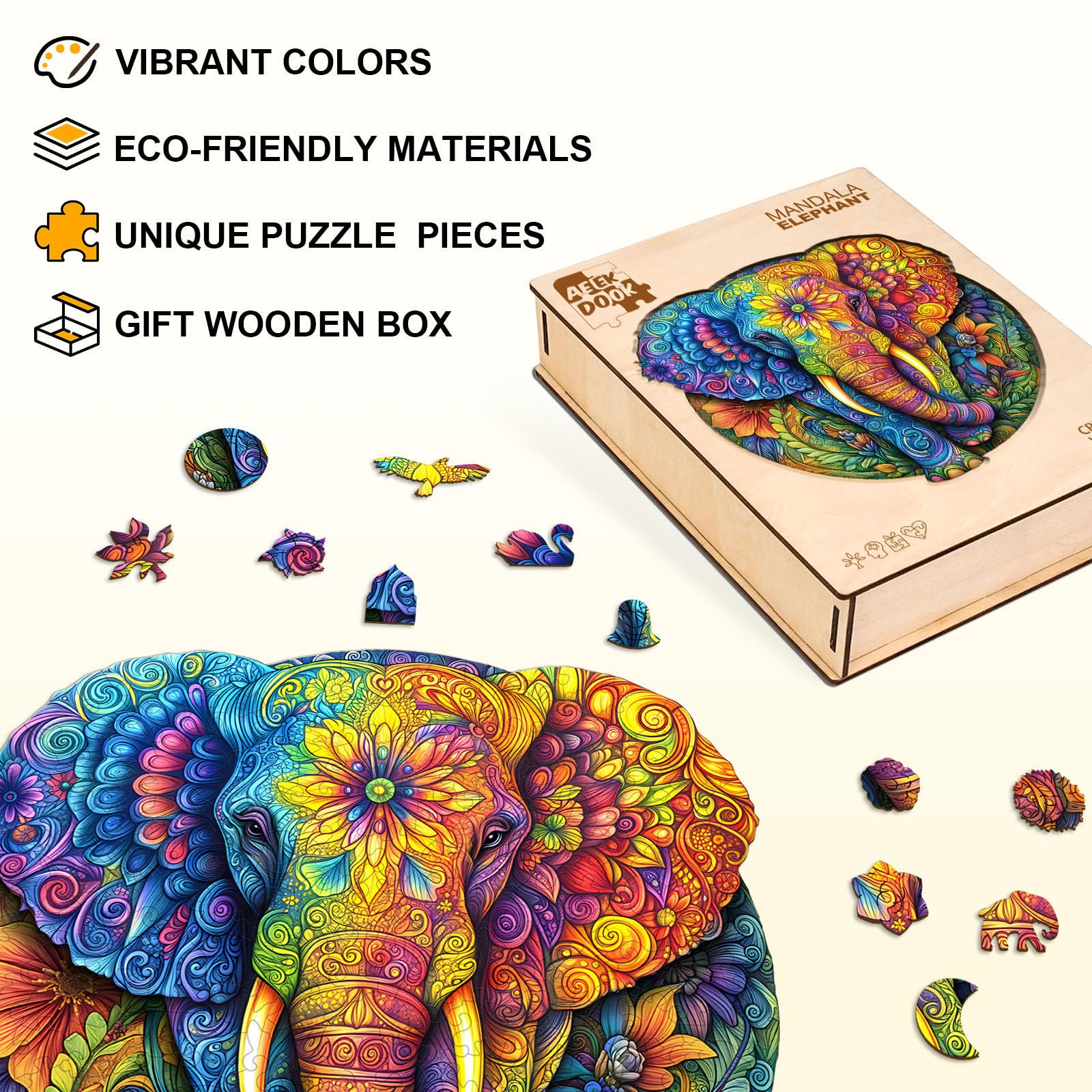 Mandala Elephant Unique Shape Wood Puzzle Zen Art - Aeekdook