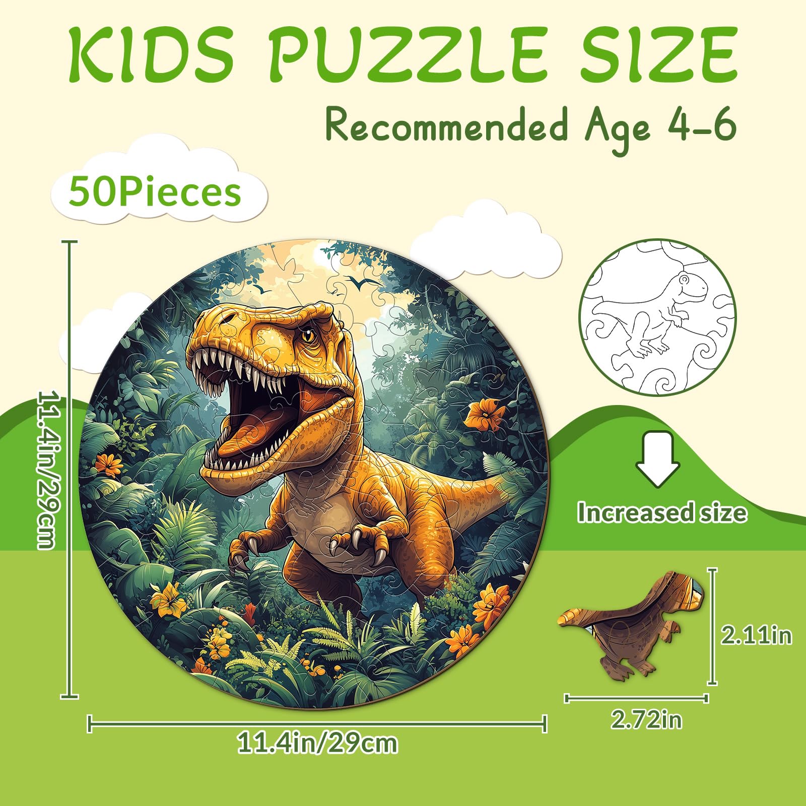 Dinosaur 50 Piece Kids Wood Puzzle T-Rex Theme - Aeekdook