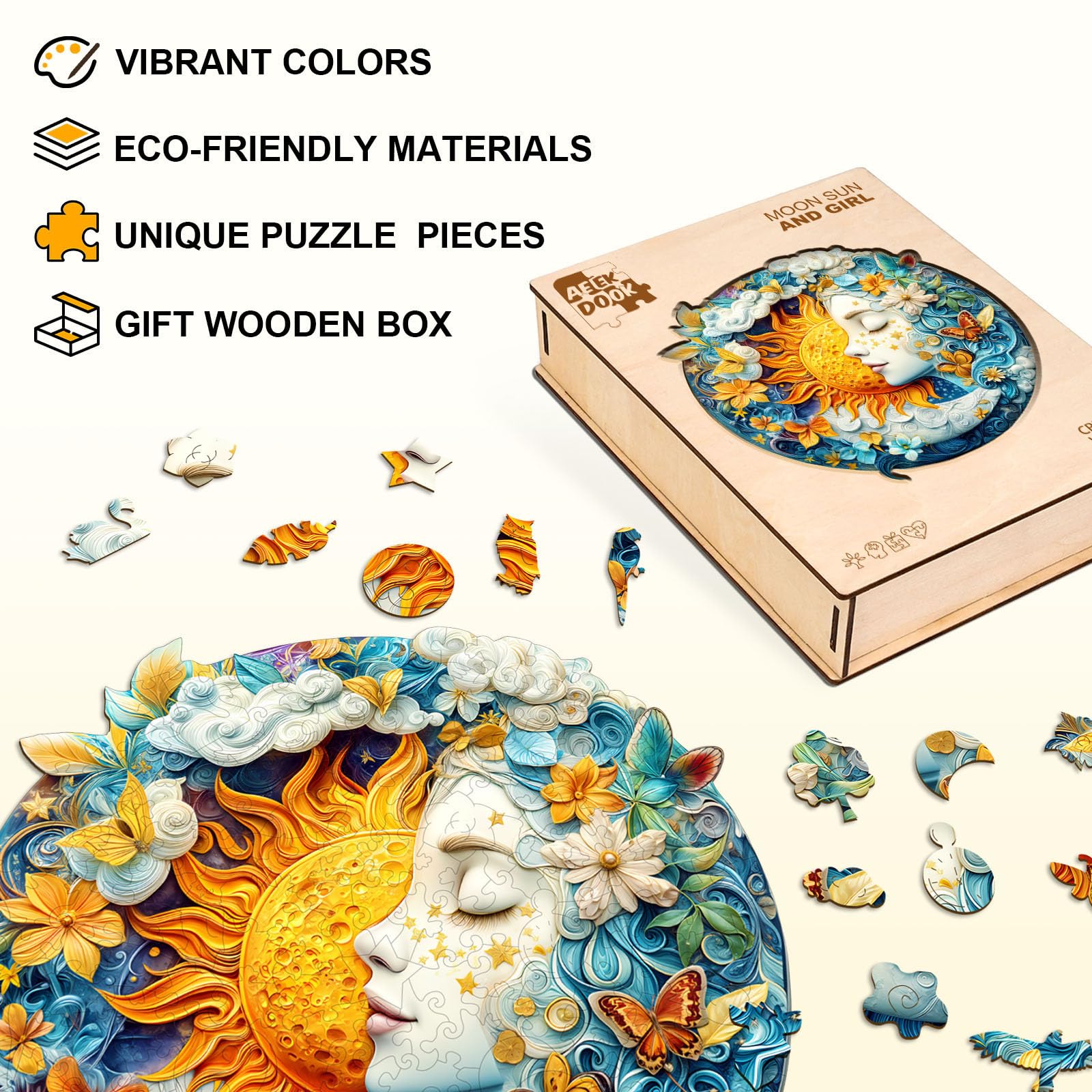 Moon Sun and Girl Wood Puzzle Celestial Goddess Art - Aeekdook