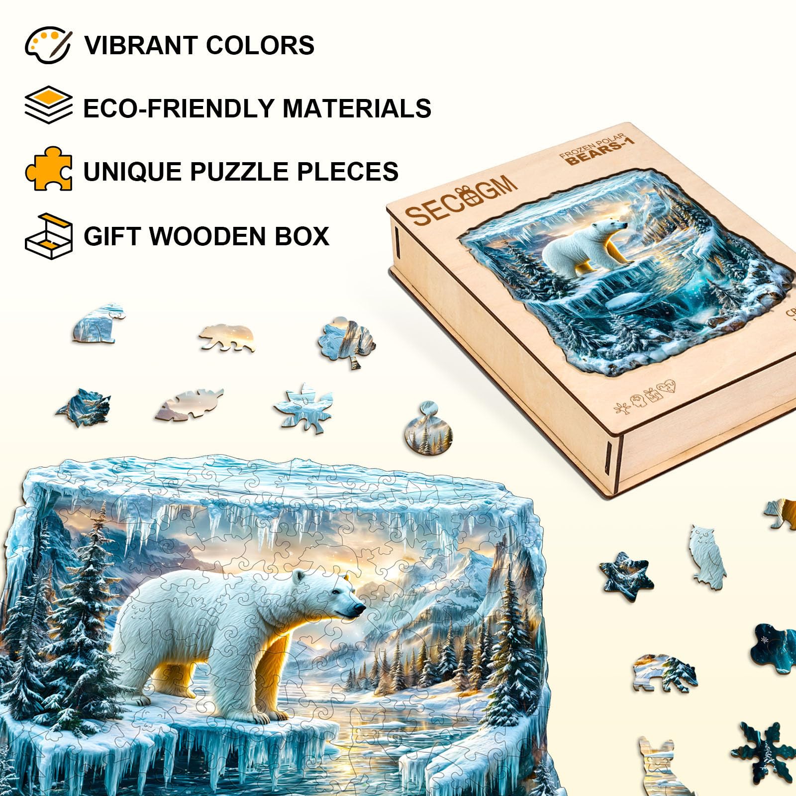 Frozen Polar Bear Unique Shape Wood Puzzle Arctic Art - Aeekdook