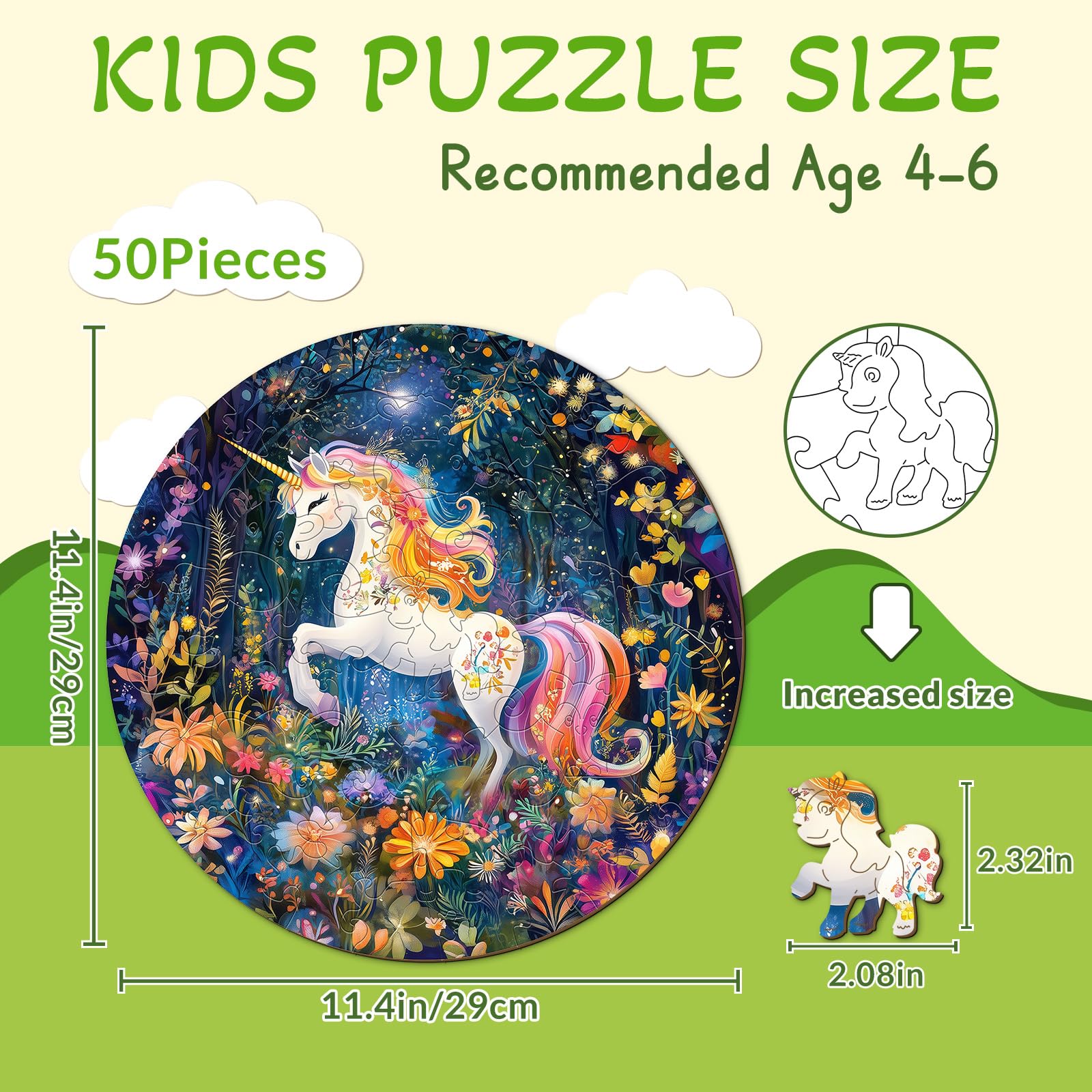 Rainbow Unicorn 50 Piece Kids Wood Puzzle Magical - Aeekdook