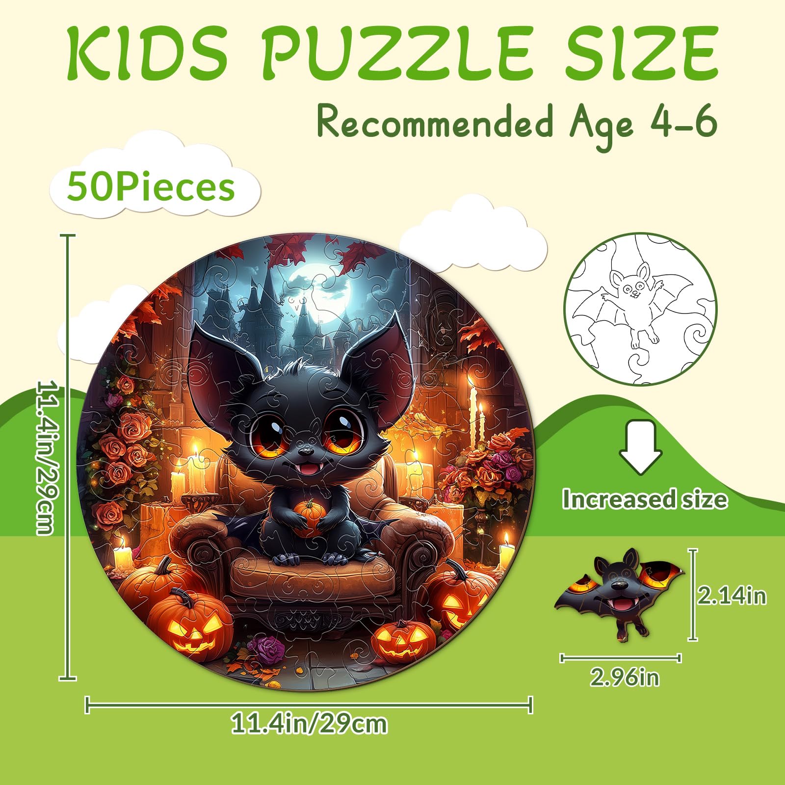 Halloween Black Bat 50 Piece Kids Wood Puzzle Gift - Aeekdook