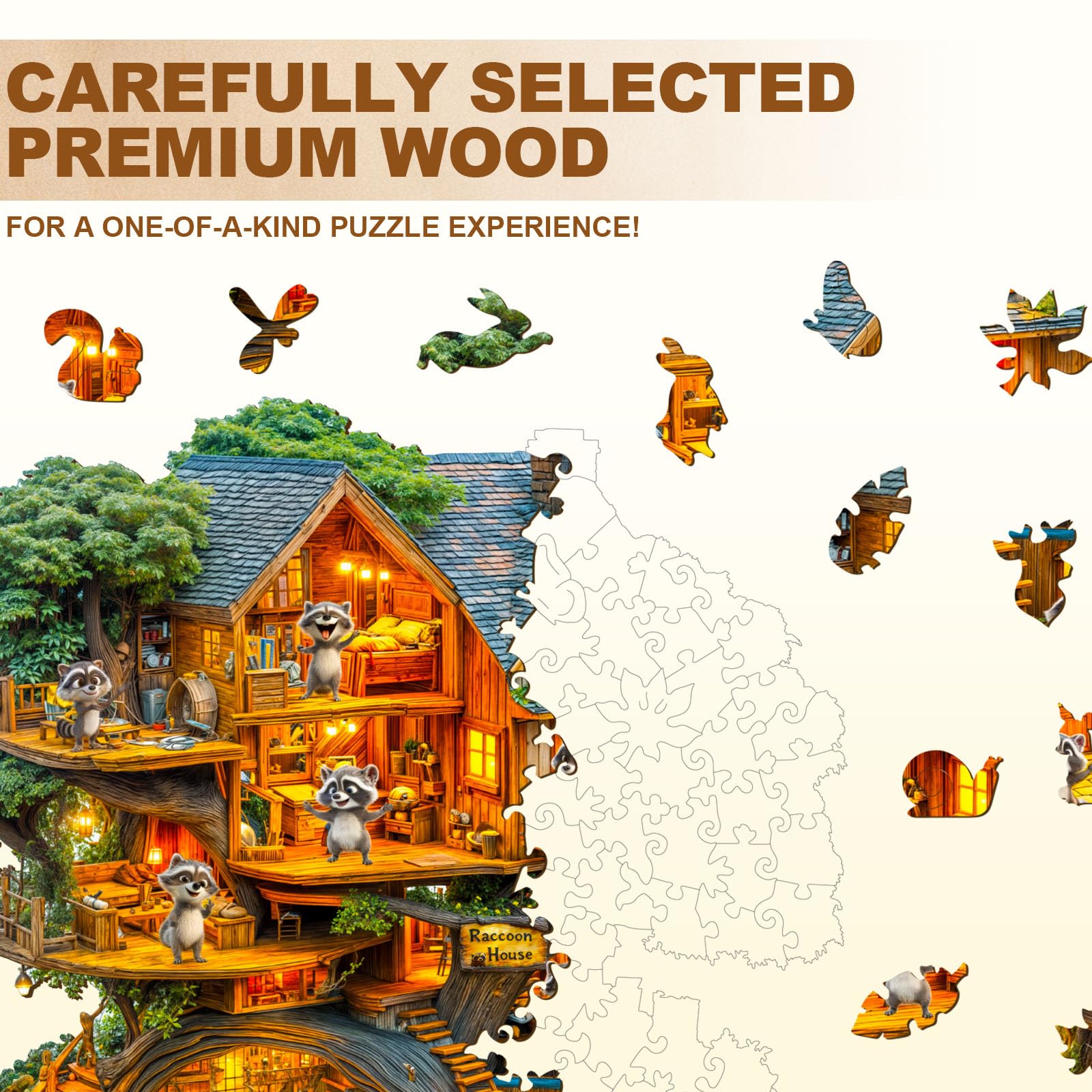 Raccoon House Wood Puzzle Forest Animal Home Art - Aeekdook