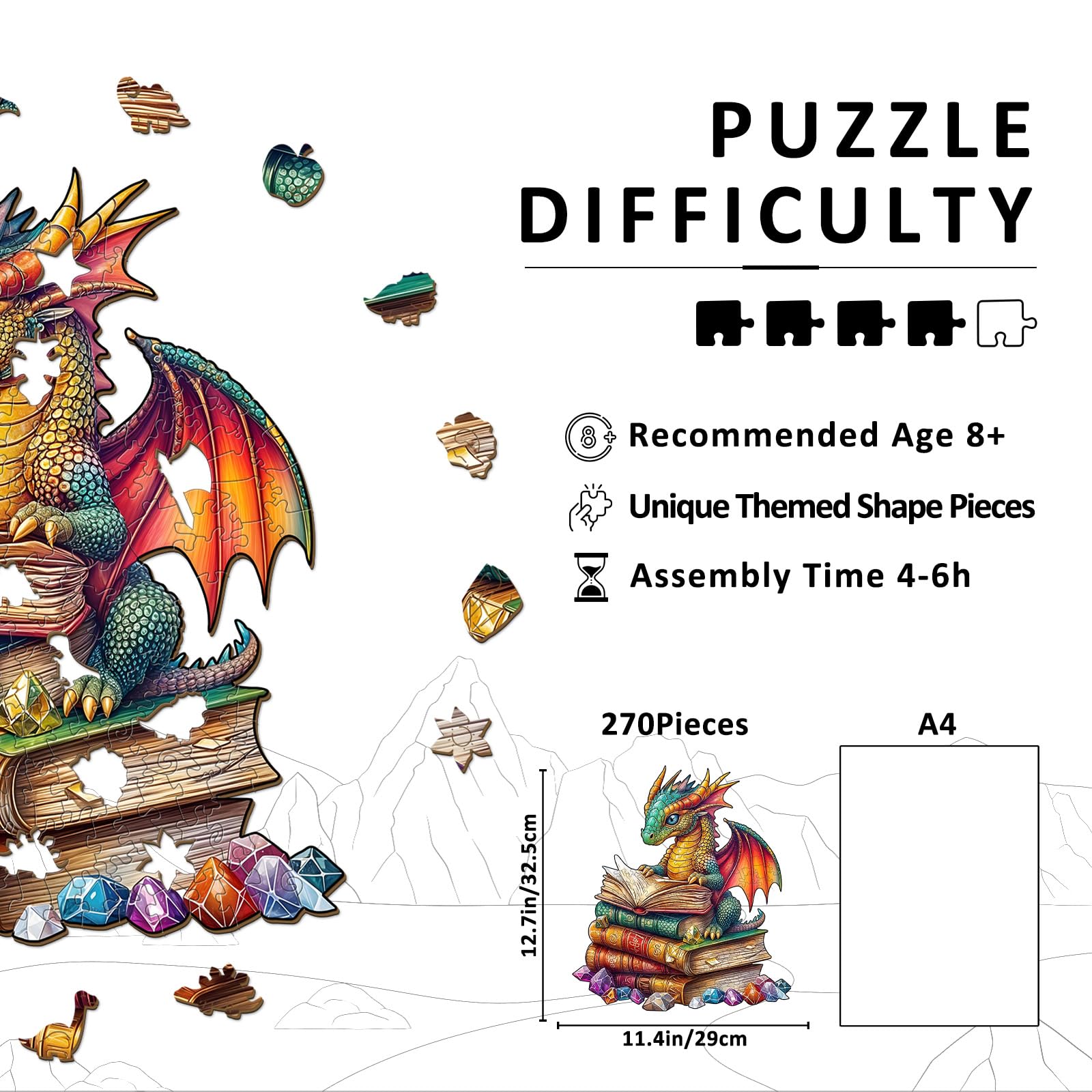 Reading Dragon Unique Shape Wood Puzzle Fantasy Gift - Aeekdook