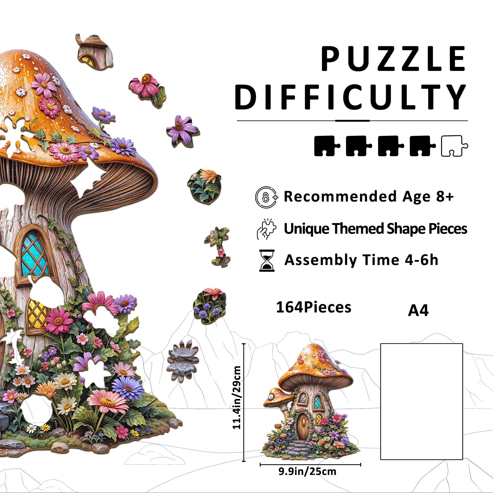 Mushroom Fairy House Wood Puzzle Whimsical Fantasy - Aeekdook