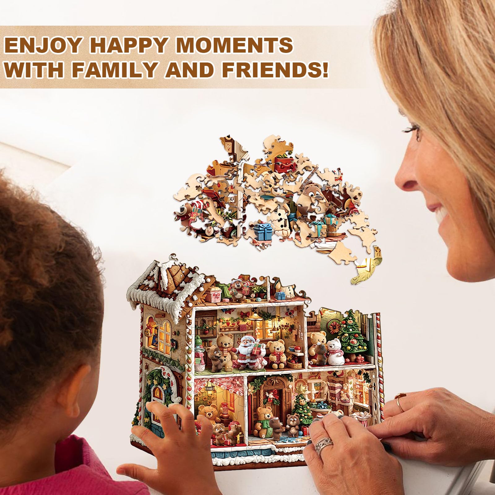 Christmas Bear's House Wood Puzzle Holiday Hut Decor - Aeekdook