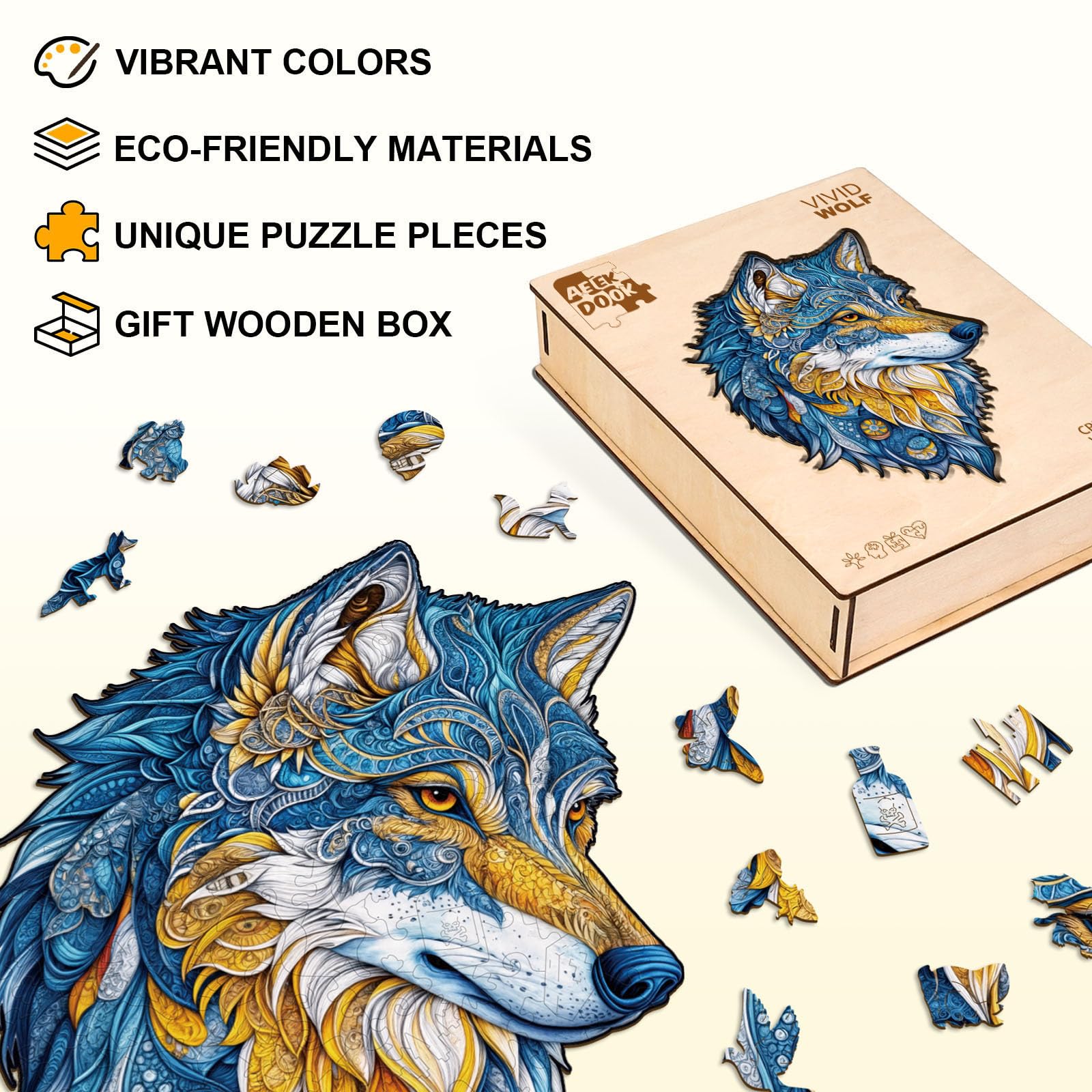 Vivid Wolf Unique Shape Wood Puzzle Wild Animal Art - Aeekdook