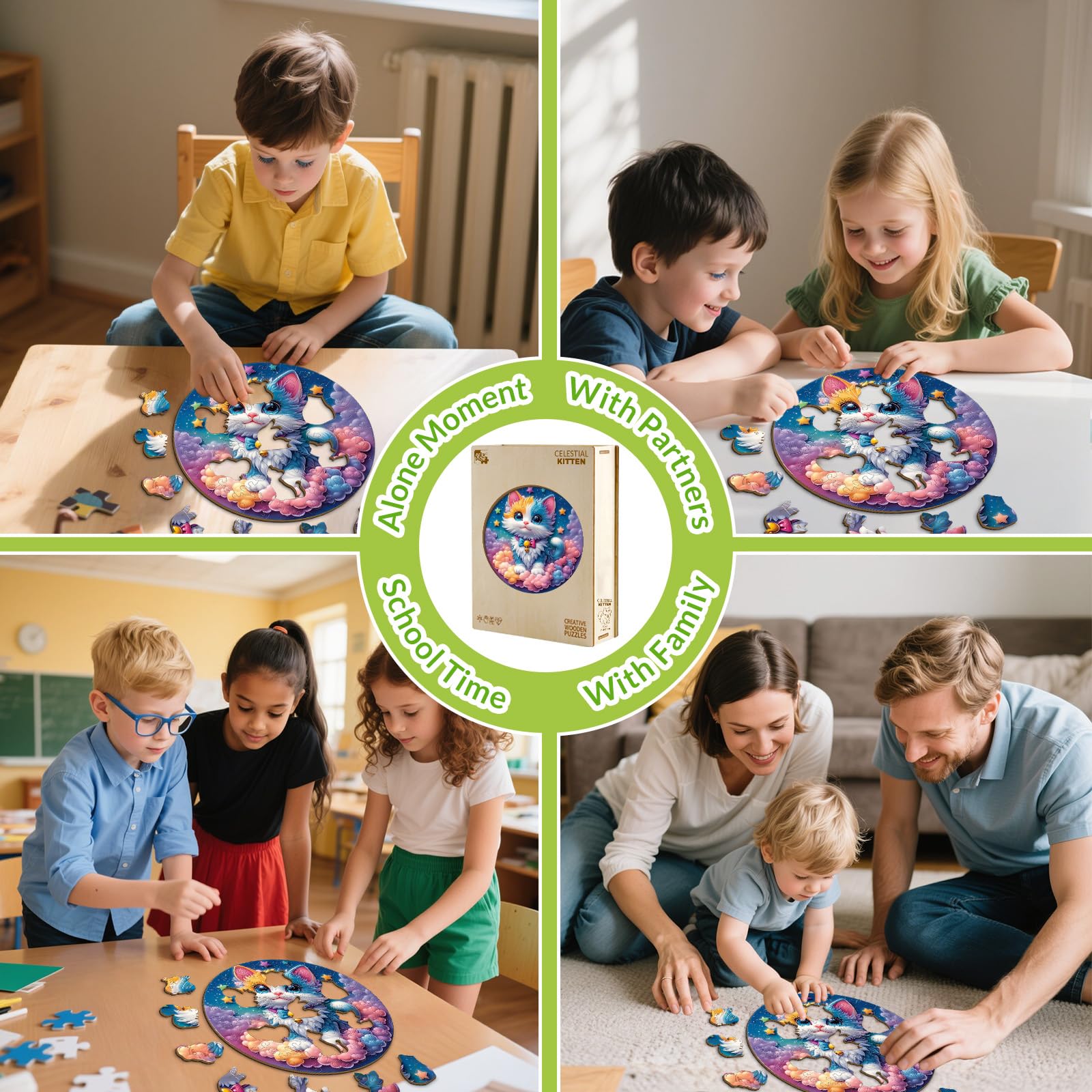 Celestial Kitten 50 Piece Wood Puzzle for Children - Aeekdook