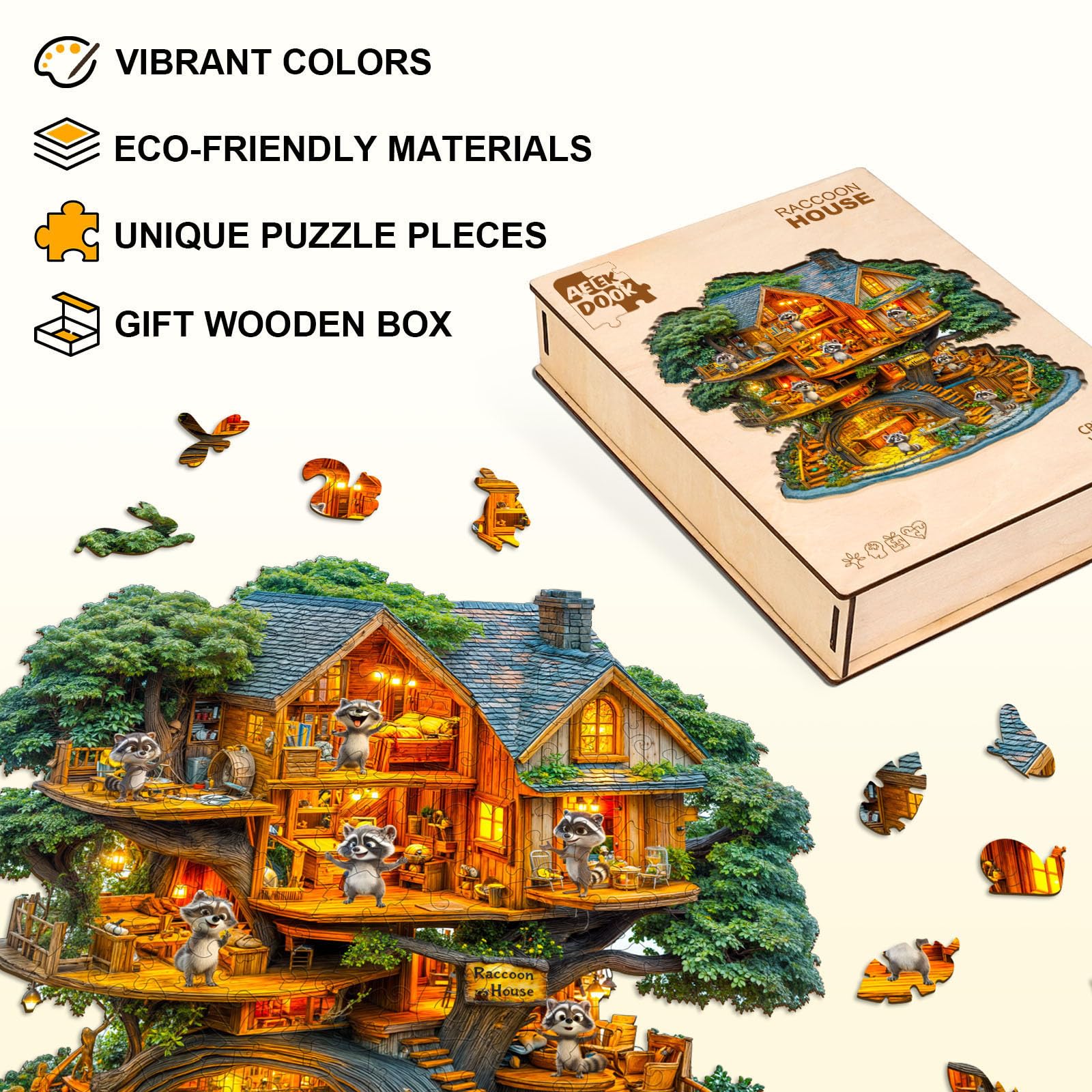Raccoon House Wood Puzzle Forest Animal Home Art - Aeekdook