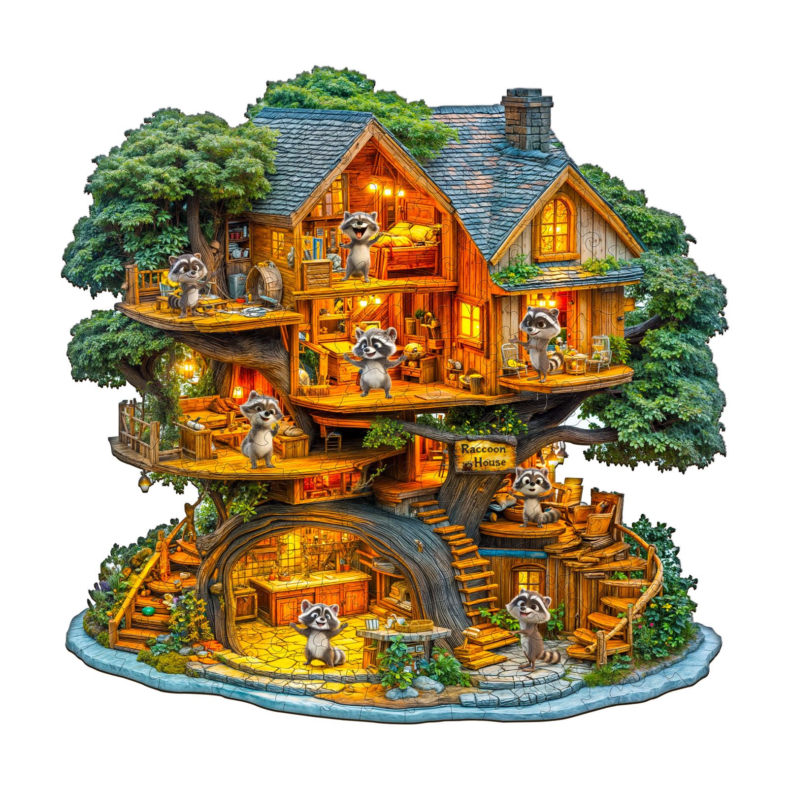 Raccoon House Wood Puzzle Forest Animal Home Art - Aeekdook