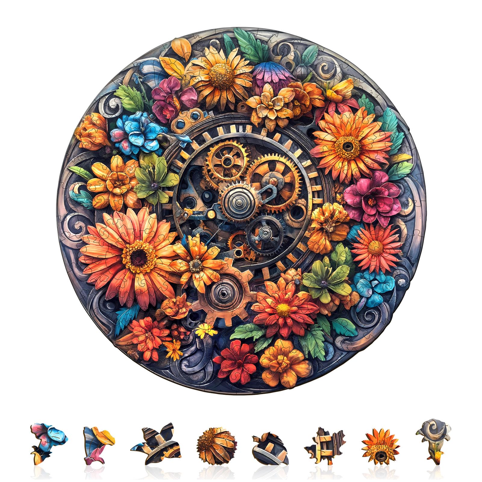 Machinery and Flowers Wood Puzzle Steampunk Nature - Aeekdook