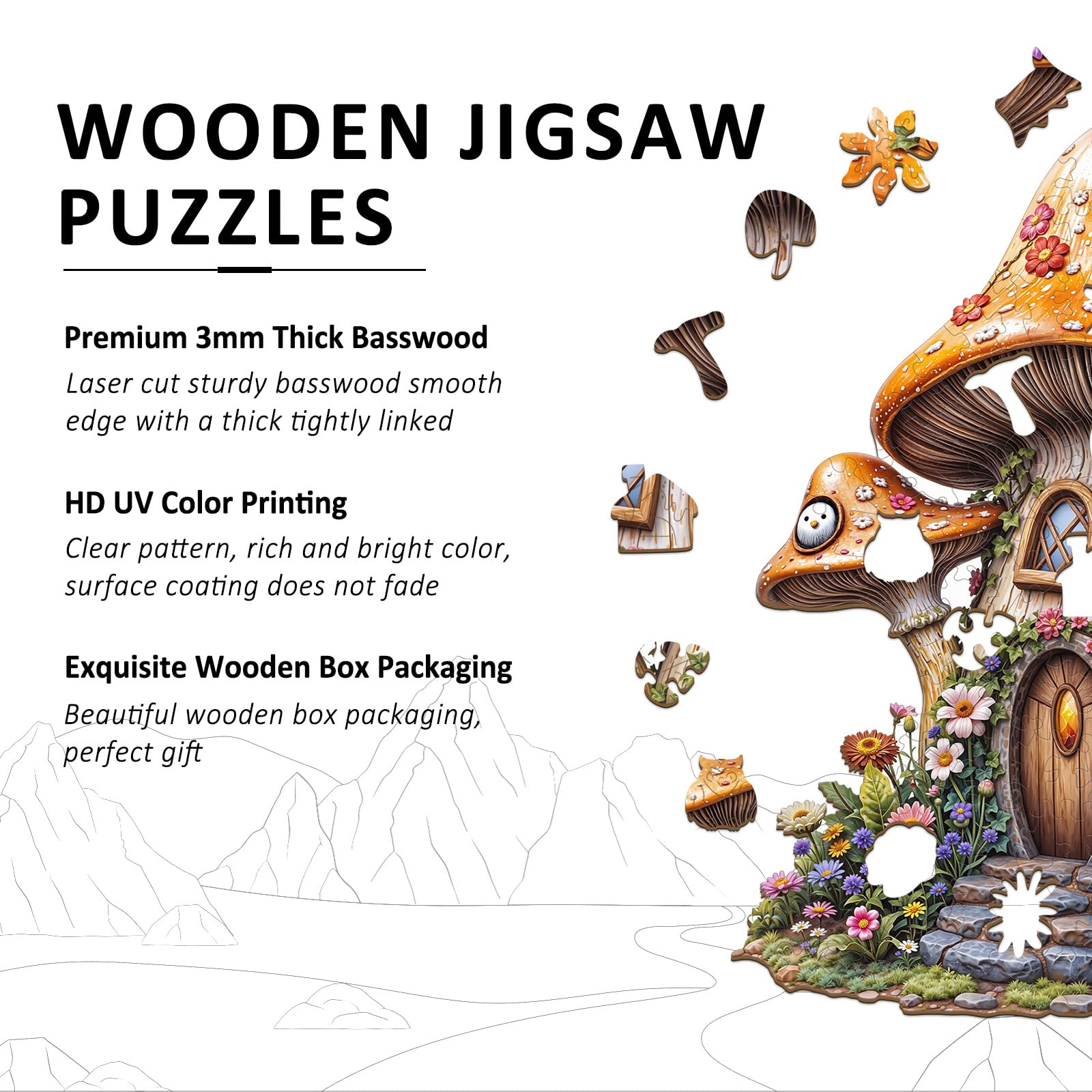 Mushroom Fairy House Wood Puzzle Whimsical Fantasy - Aeekdook