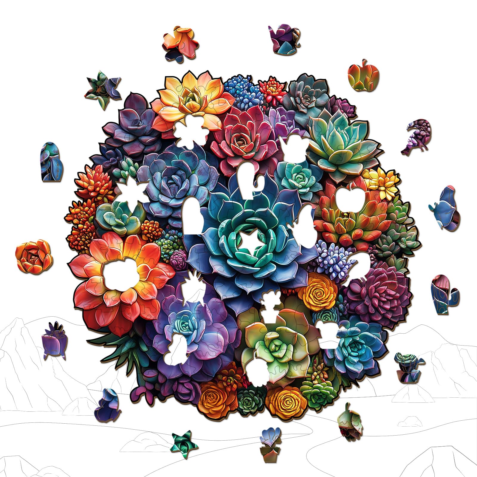 Mandala Succulent Unique Shape Wood Puzzle for Zen - Aeekdook