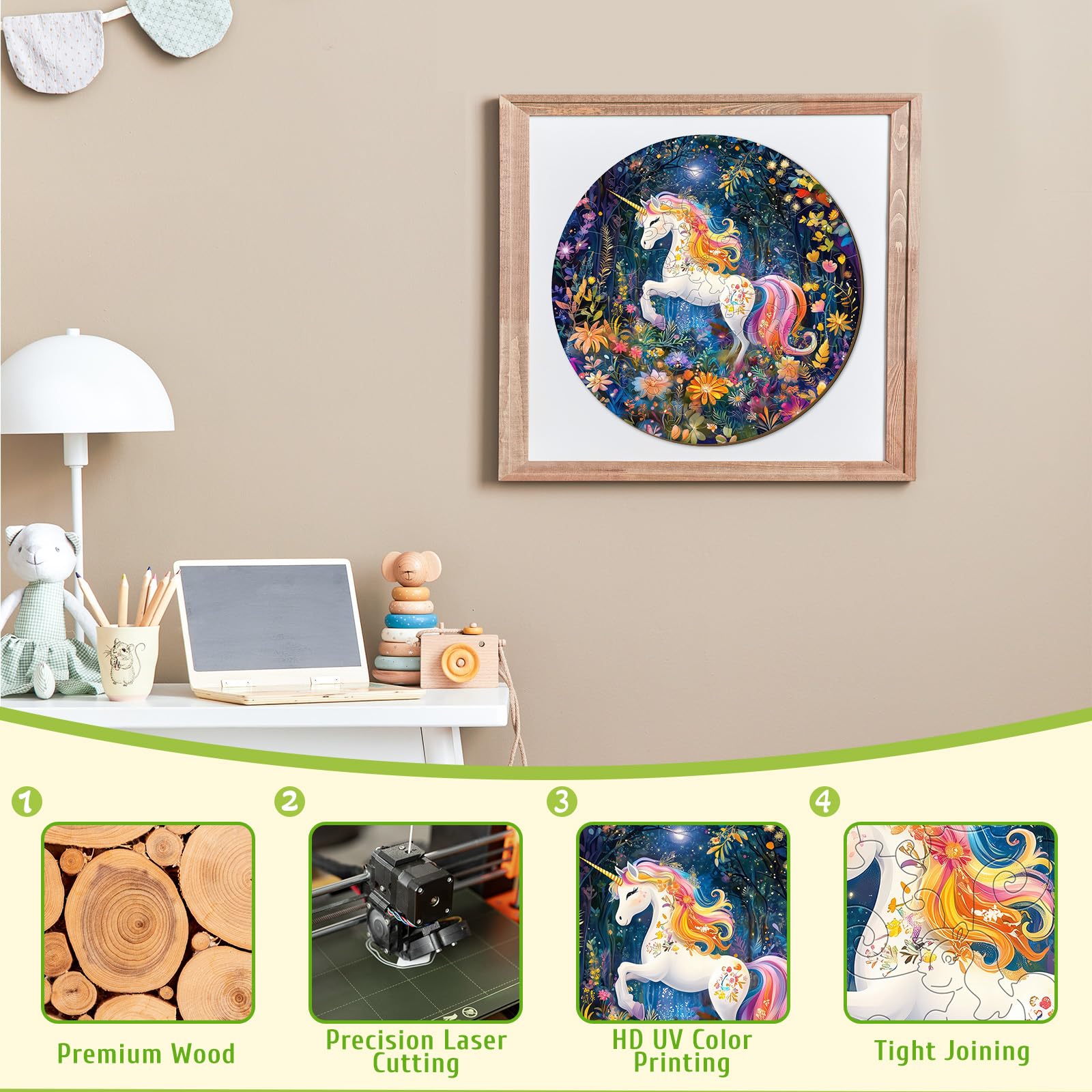 Rainbow Unicorn 50 Piece Kids Wood Puzzle Magical - Aeekdook