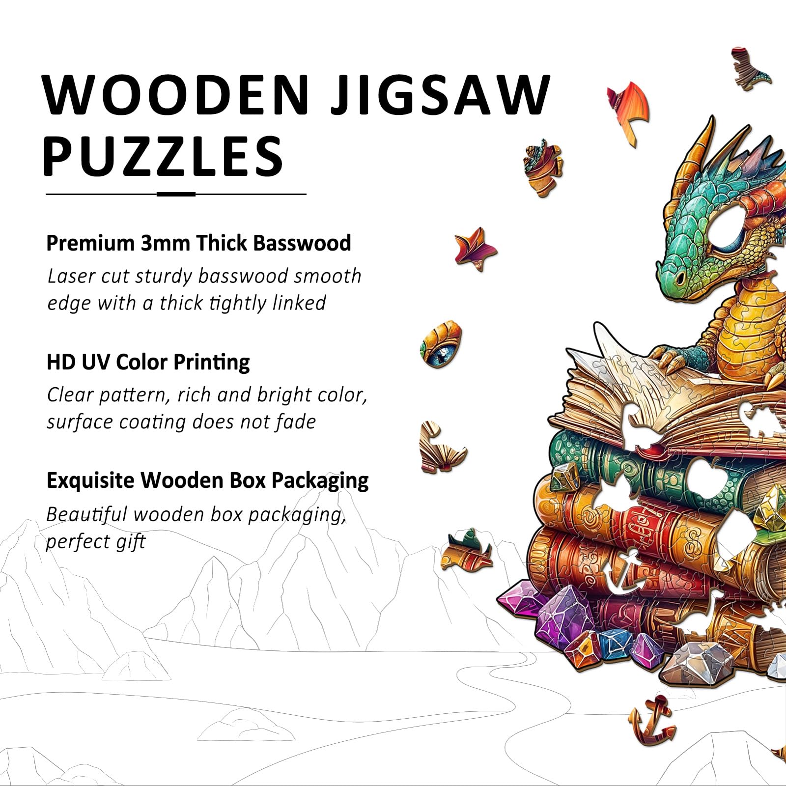 Reading Dragon Unique Shape Wood Puzzle Fantasy Gift - Aeekdook