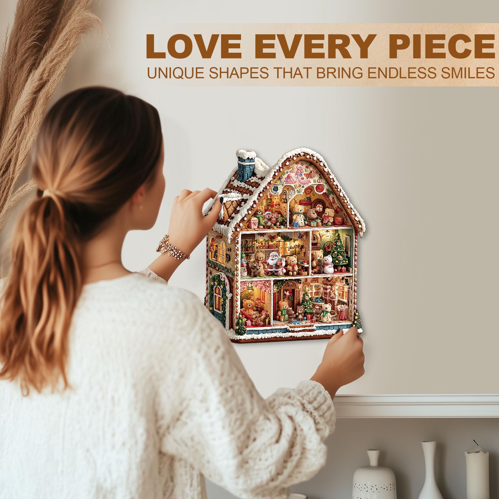 Christmas Bear's House Wood Puzzle Holiday Hut Decor - Aeekdook