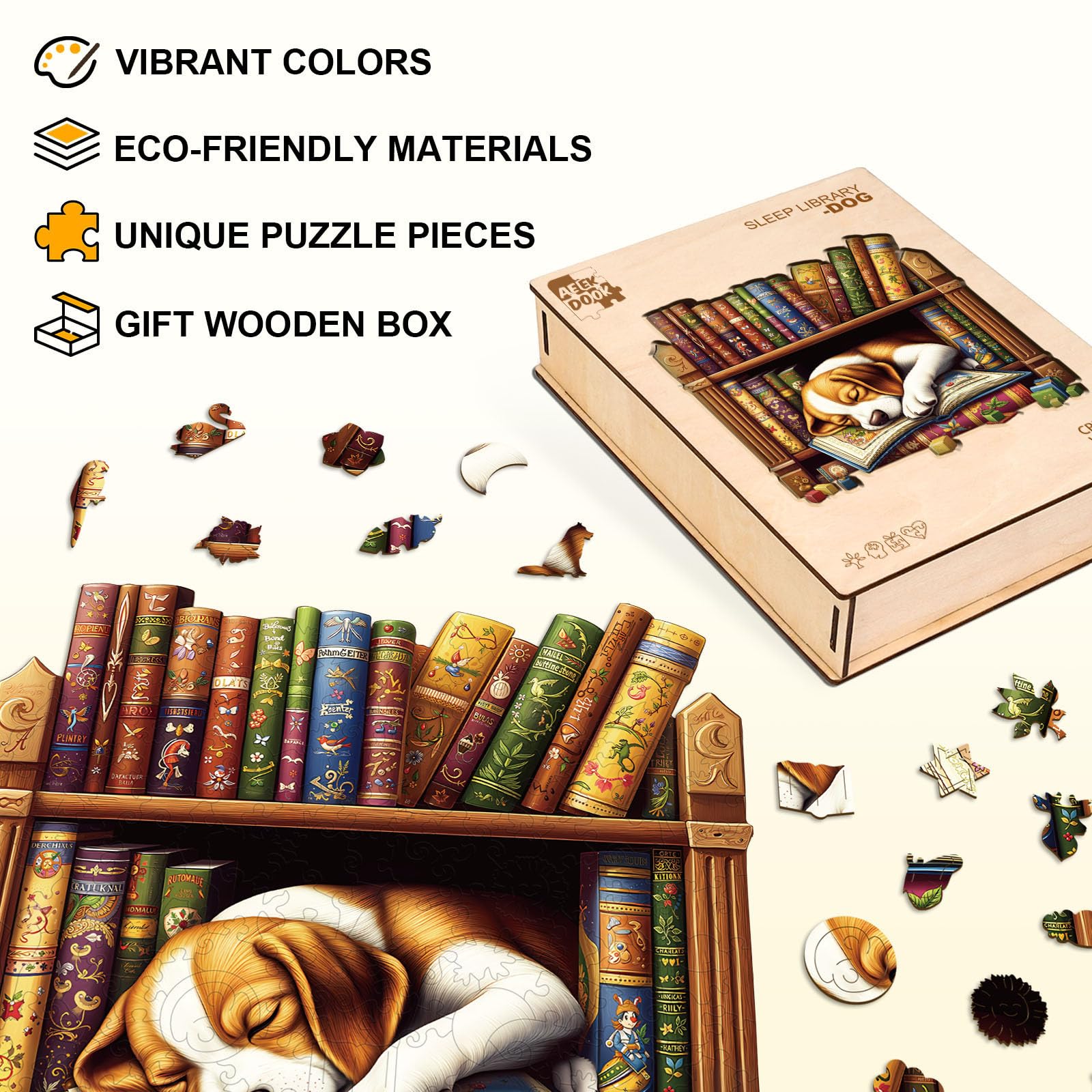 Bookshelf Beagle Dog Wood Puzzle Reading Lovers Gift - Aeekdook