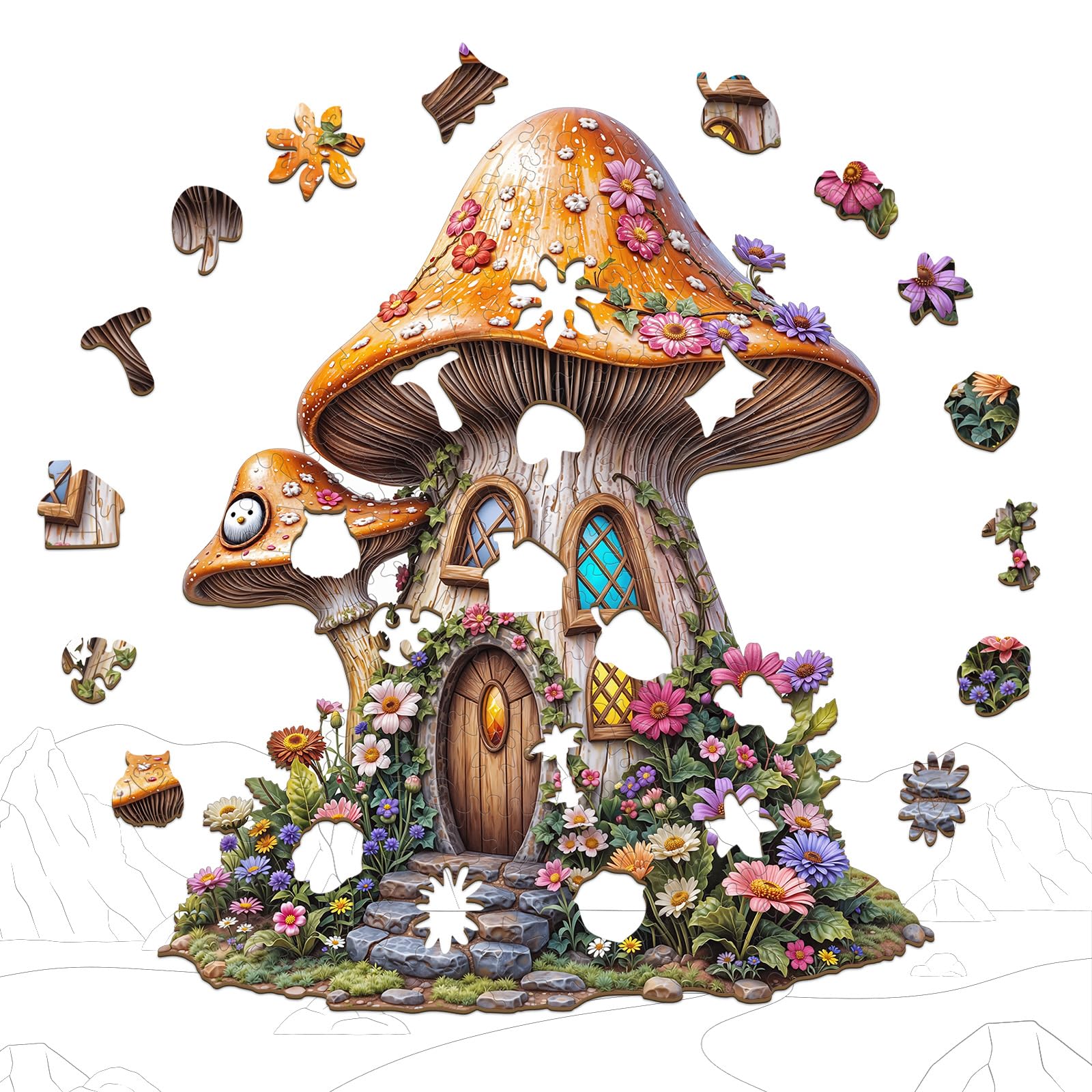 Mushroom Fairy House Wood Puzzle Whimsical Fantasy - Aeekdook