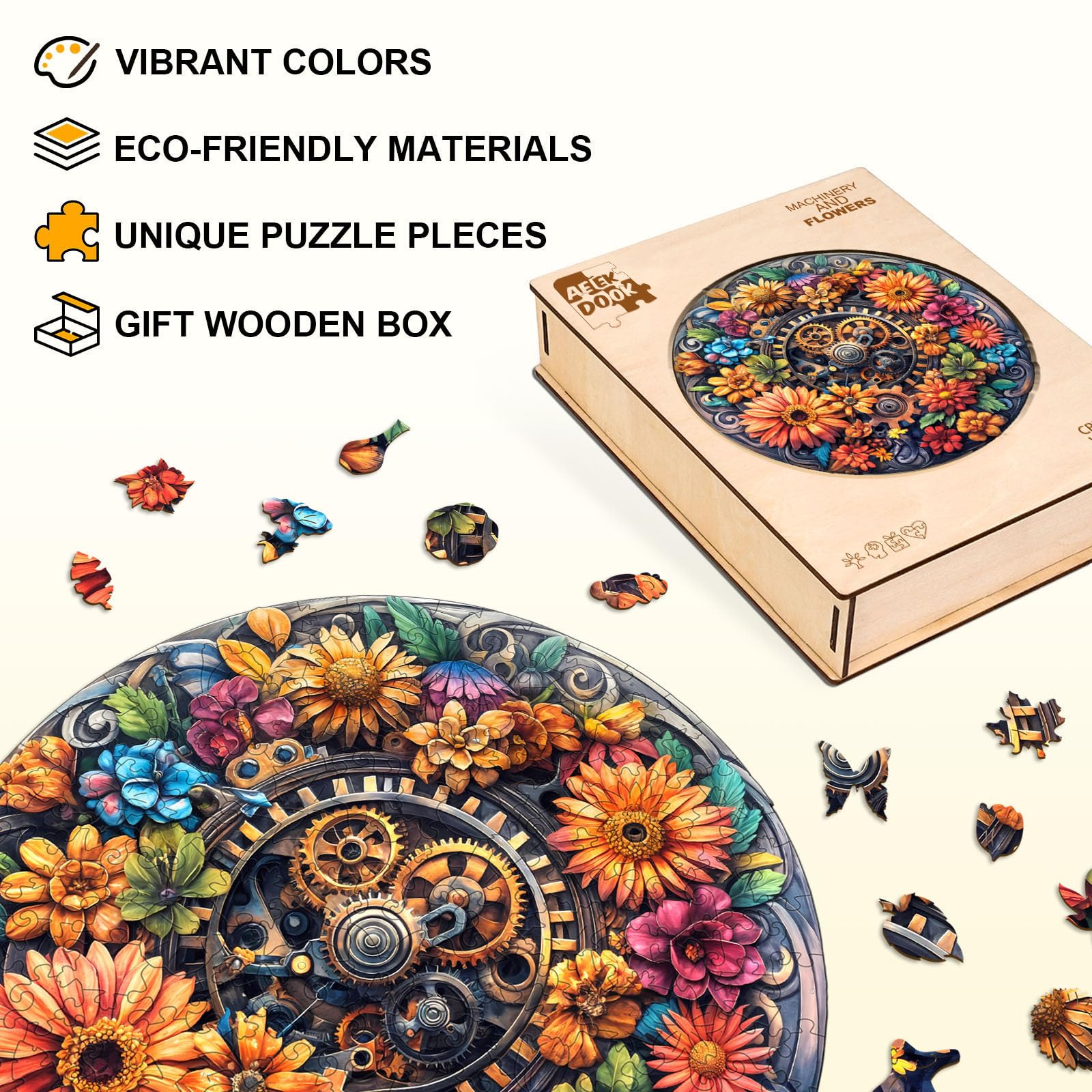 Machinery and Flowers Wood Puzzle Steampunk Nature - Aeekdook