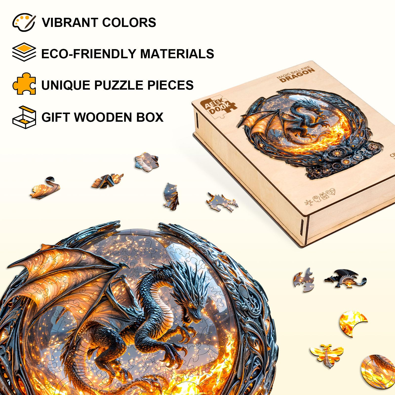 Fire Dragon Unique Shape Wood Puzzle Epic Mythical - Aeekdook