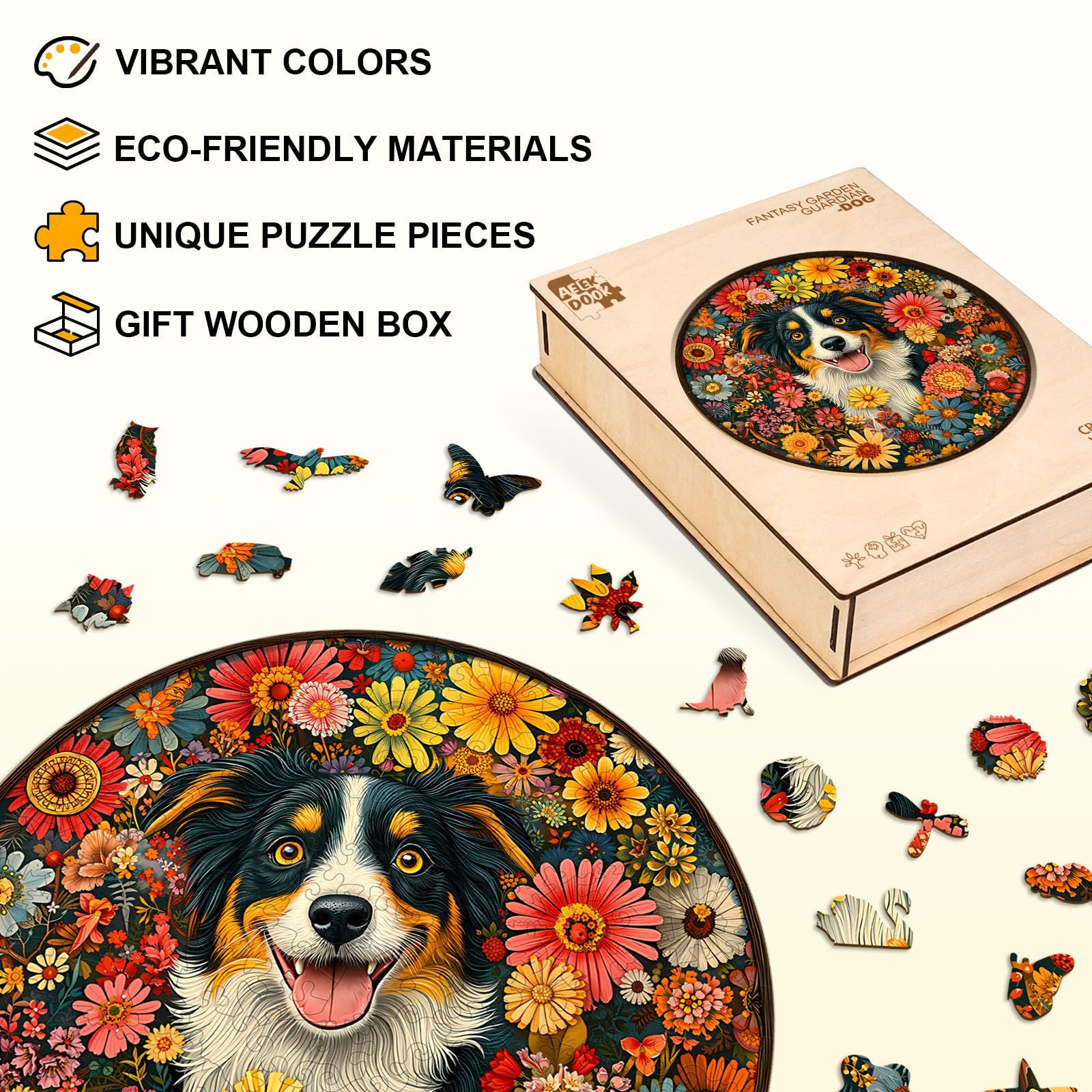 Fantasy Flowers Dog Wood Puzzle Surreal Floral Art - Aeekdook