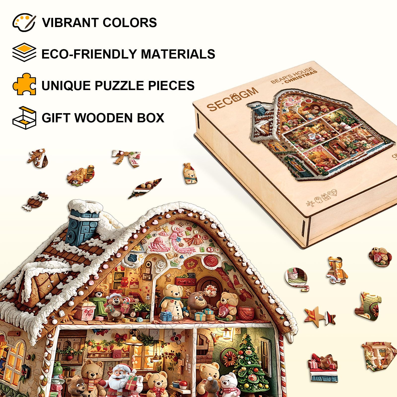 Christmas Bear's House Wood Puzzle Holiday Hut Decor - Aeekdook