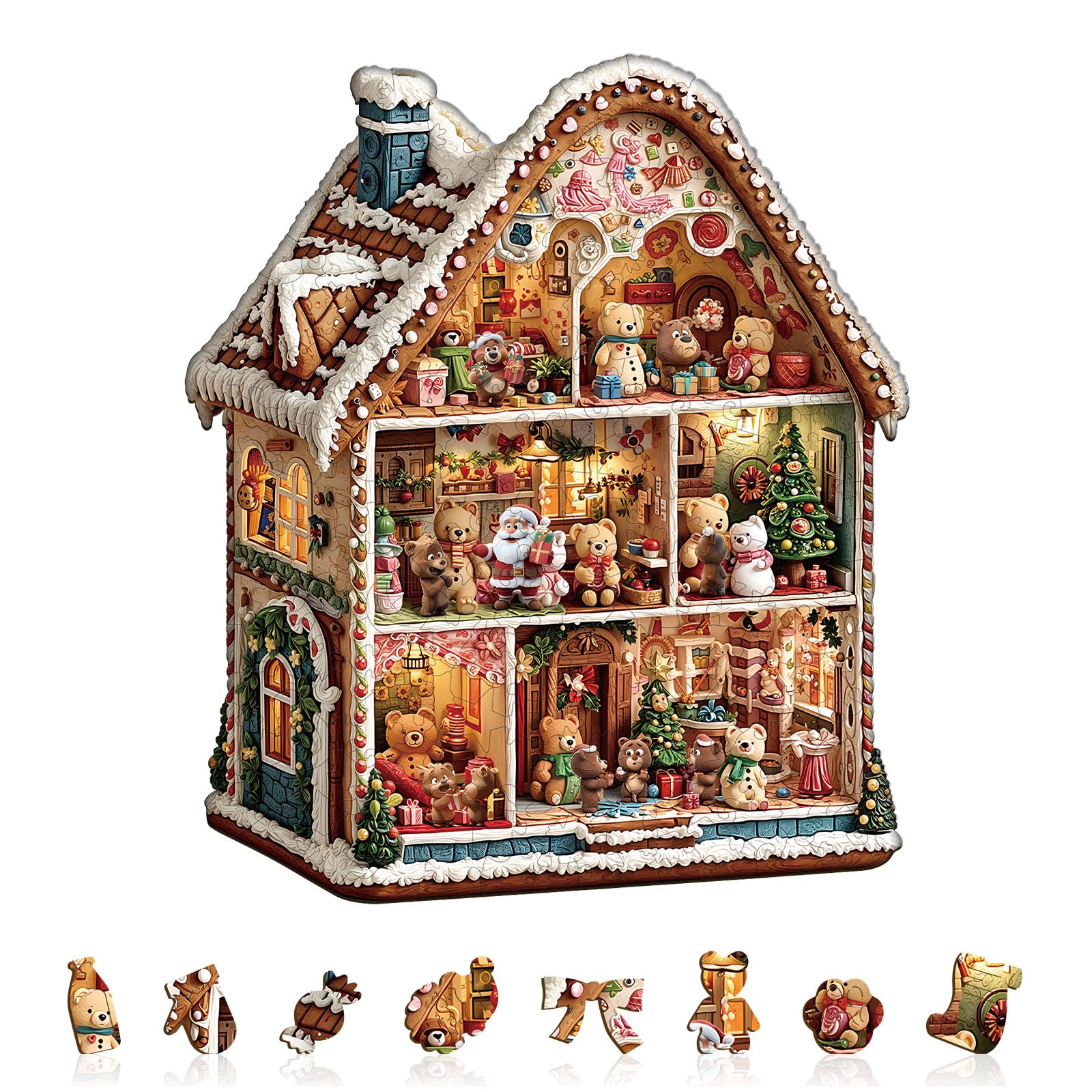 Christmas Bear's House Wood Puzzle Holiday Hut Decor - Aeekdook